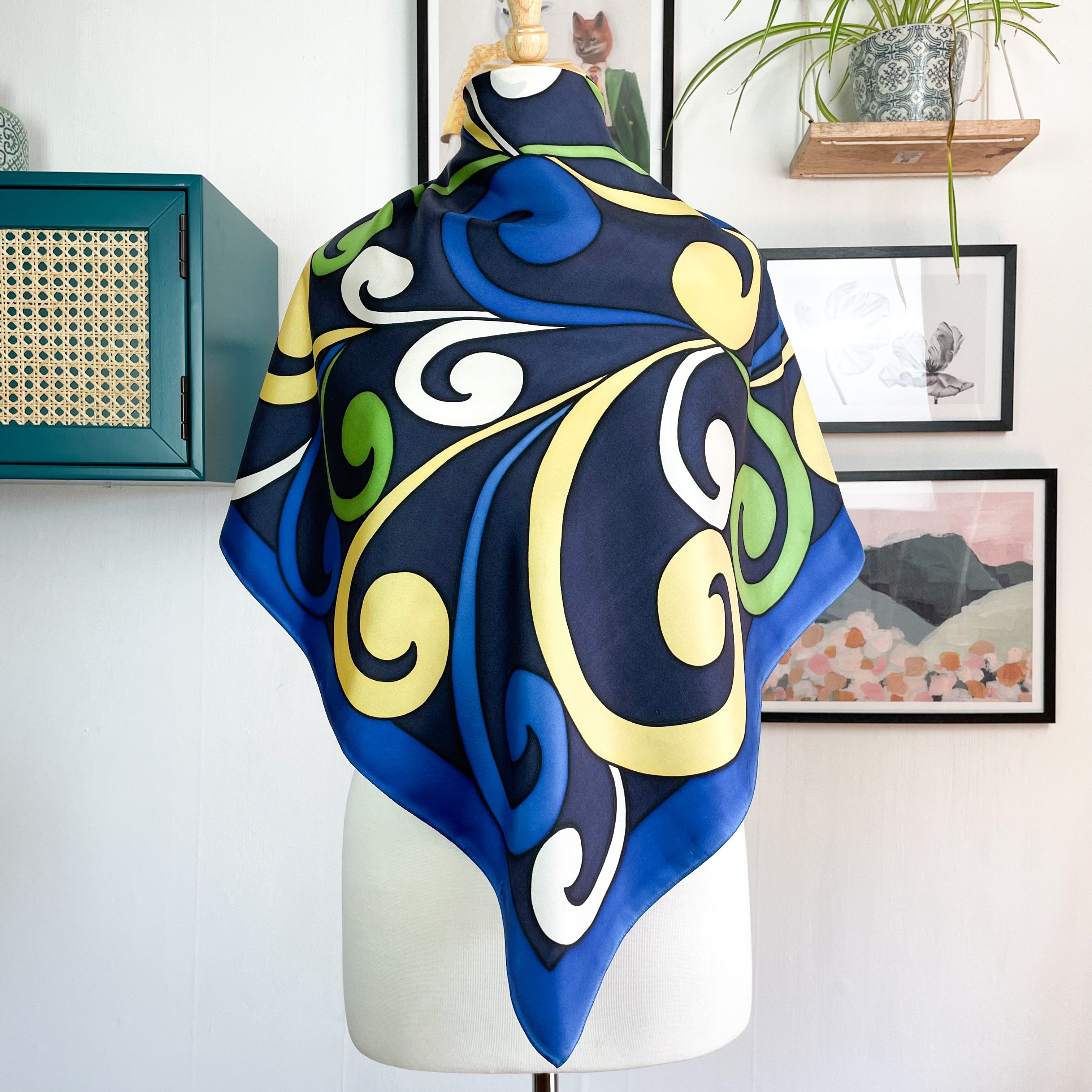 Navy Abstract Design Vintage Silk Scarf
