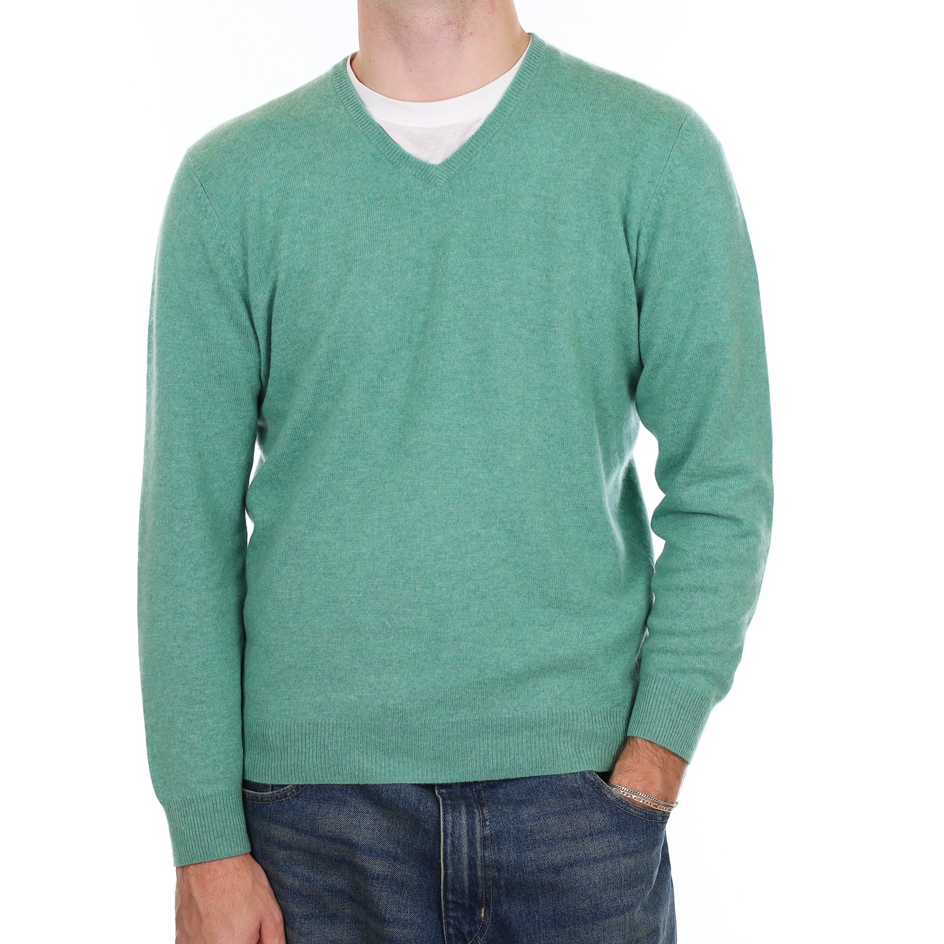 Men’s Sea Foam Green Cashmere V Neck Jumper Medium