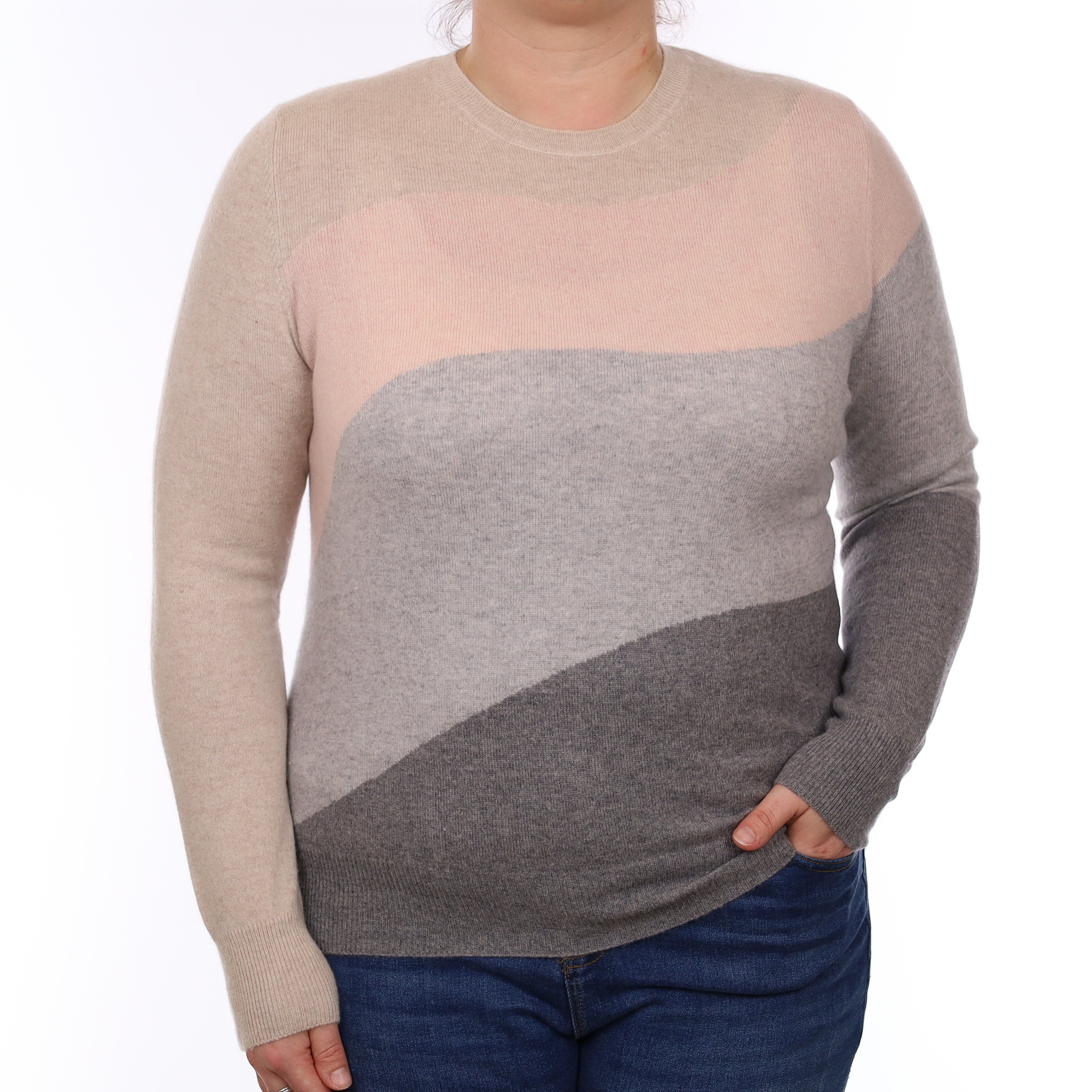 Grey Colour Block Cashmere Crew Neck Jumper Large