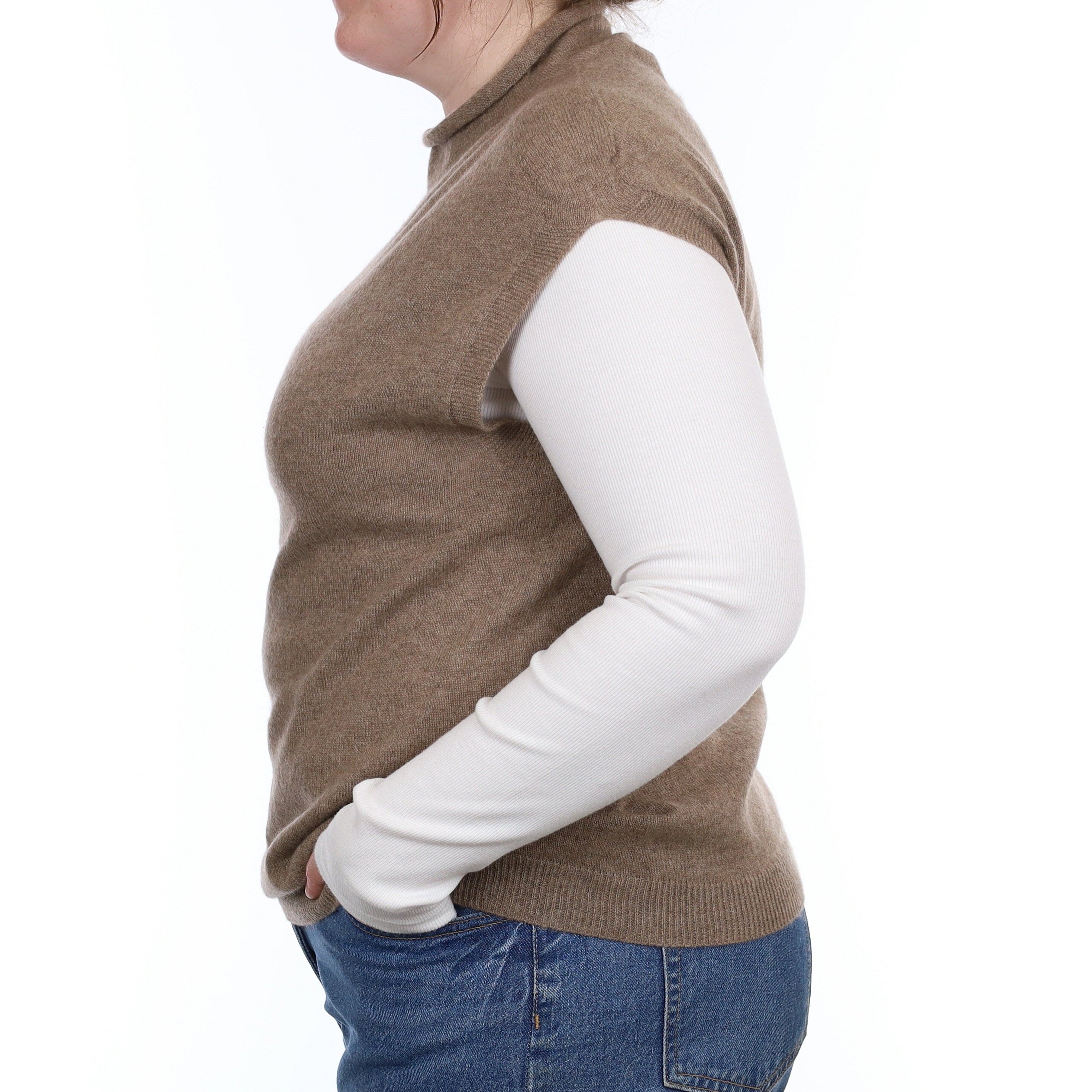 Taupe Brown Cashmere Sleeveless Funnel Neck Jumper Large
