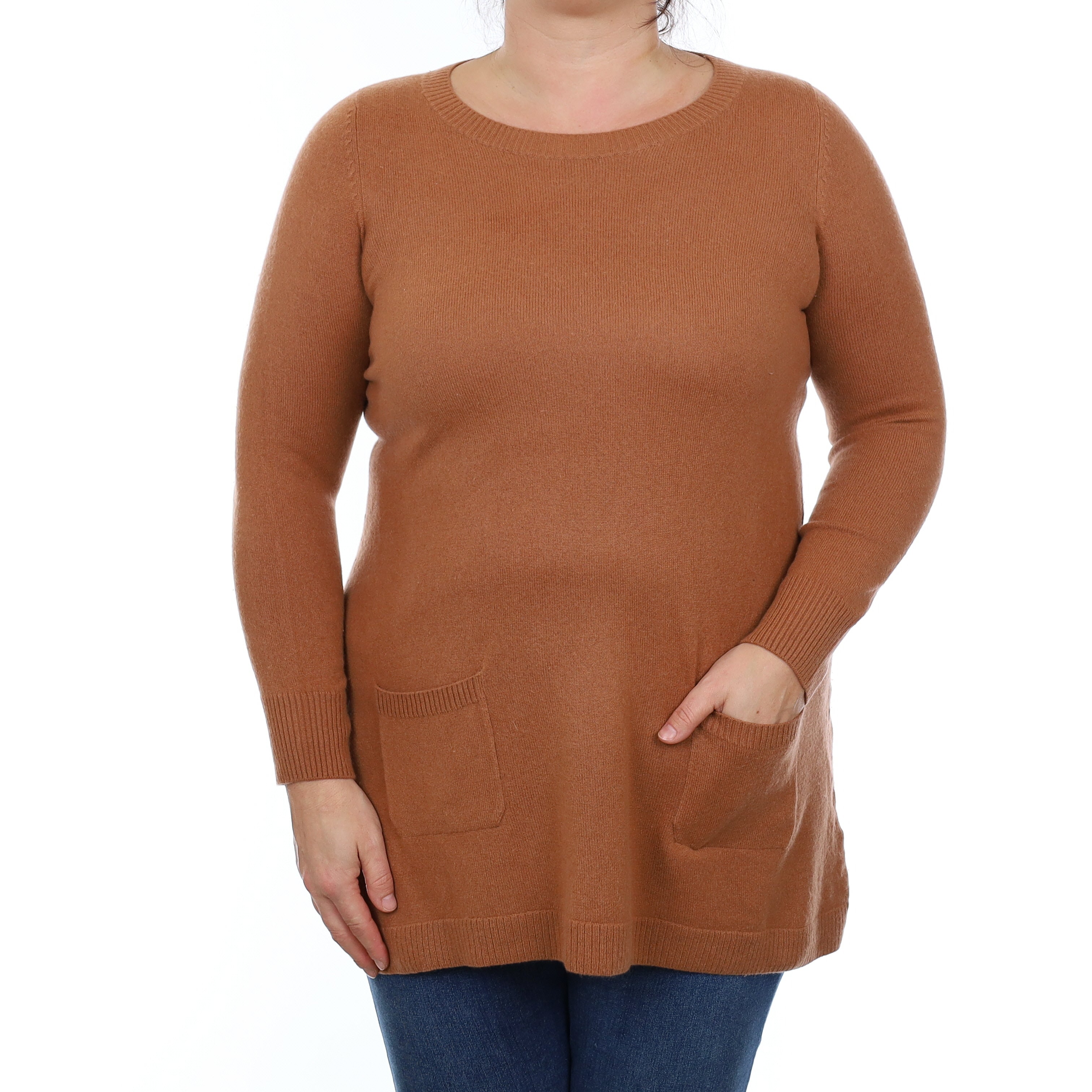 Rust Brown Cashmere Crew Neck Tunic Jumper with Pockets Large
