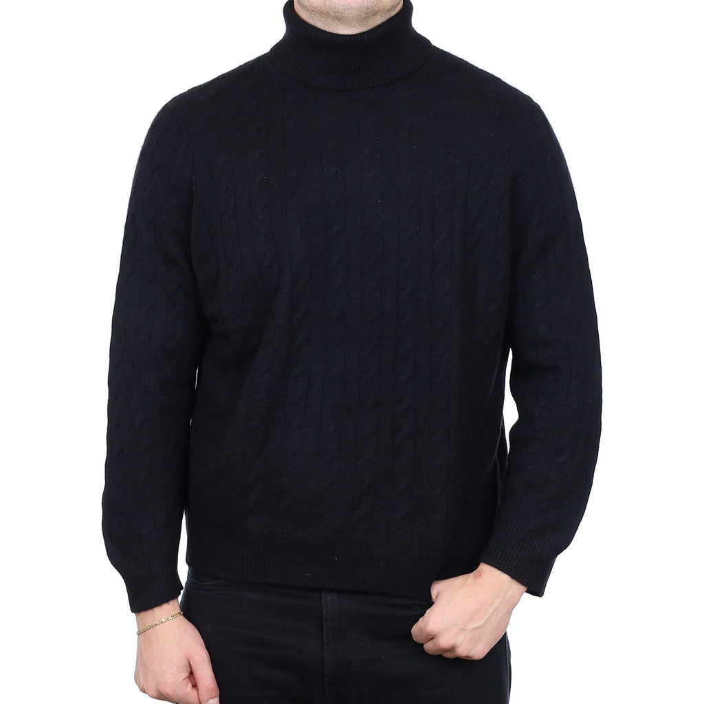 Men’s Black Cable Cashmere Polo Neck Jumper XXL