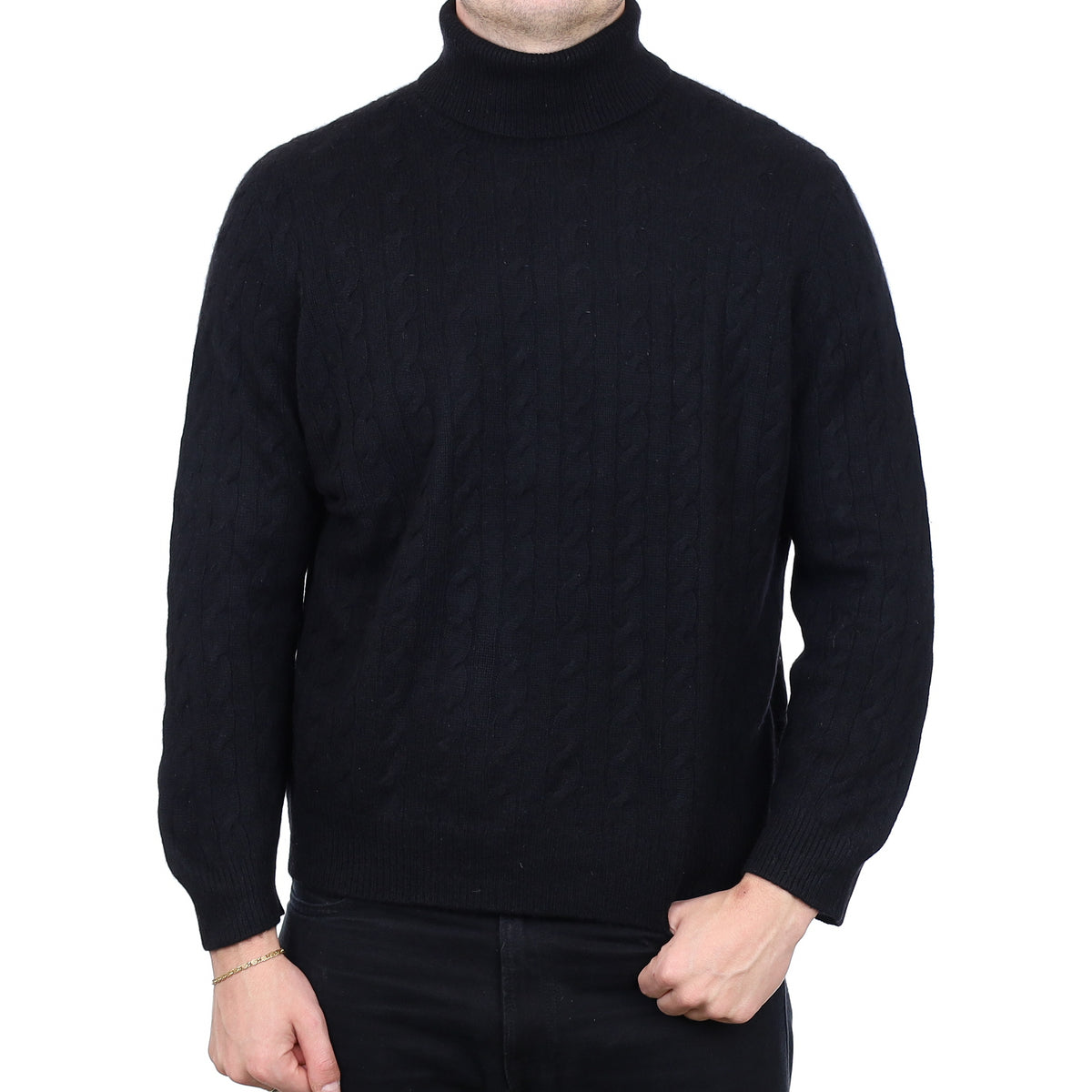 Men’s Black Cable Cashmere Polo Neck Jumper XXL