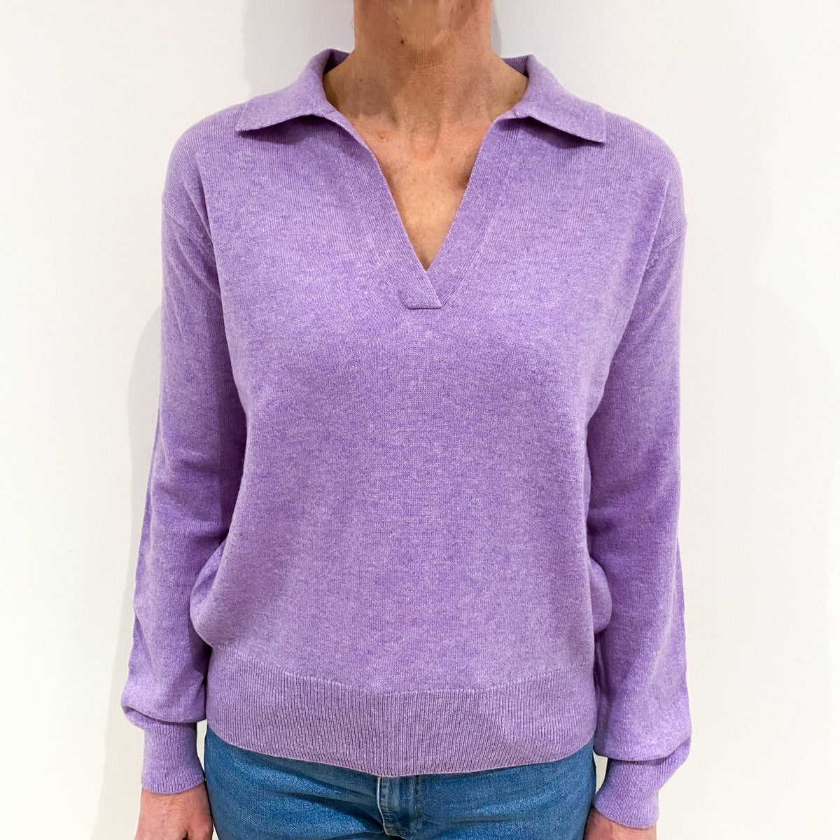 Lavender Purple Cashmere Collared V Neck Jumper Small