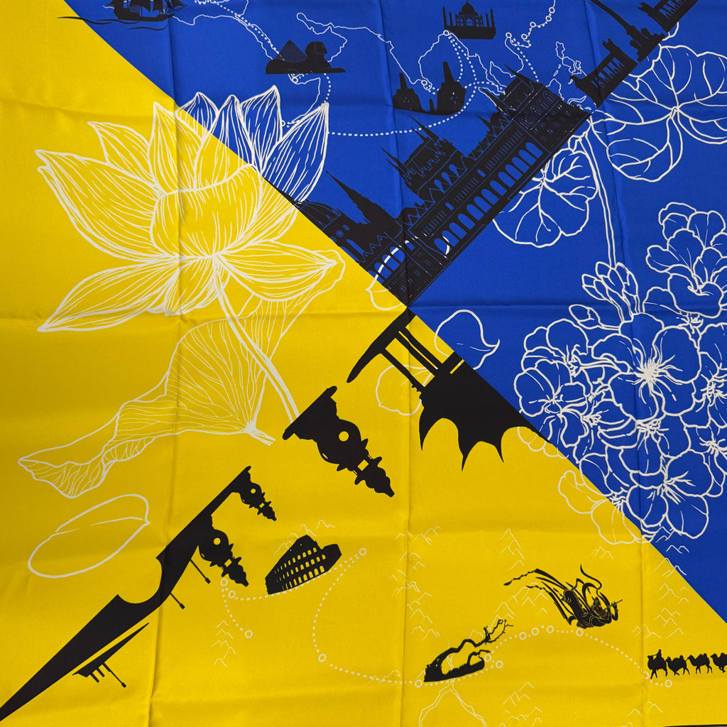 Brand New Boxed Yellow And Cobalt Blue Landmarks Silk Scarf
