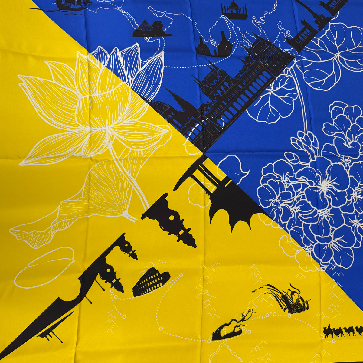 Brand New Boxed Yellow And Cobalt Blue Landmarks Silk Scarf