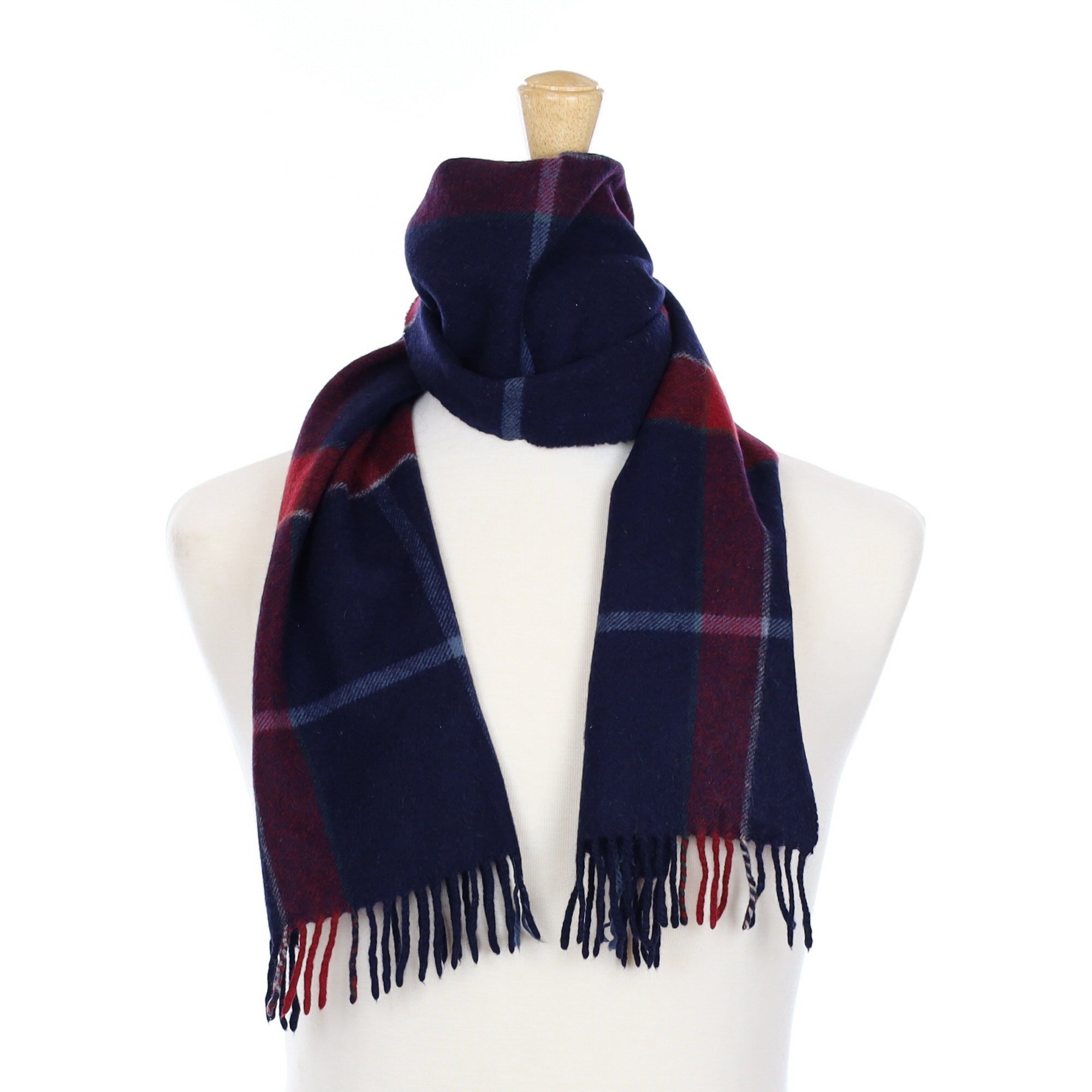 Navy and Crimson Checked Cashmere Fringed Woven Scarf