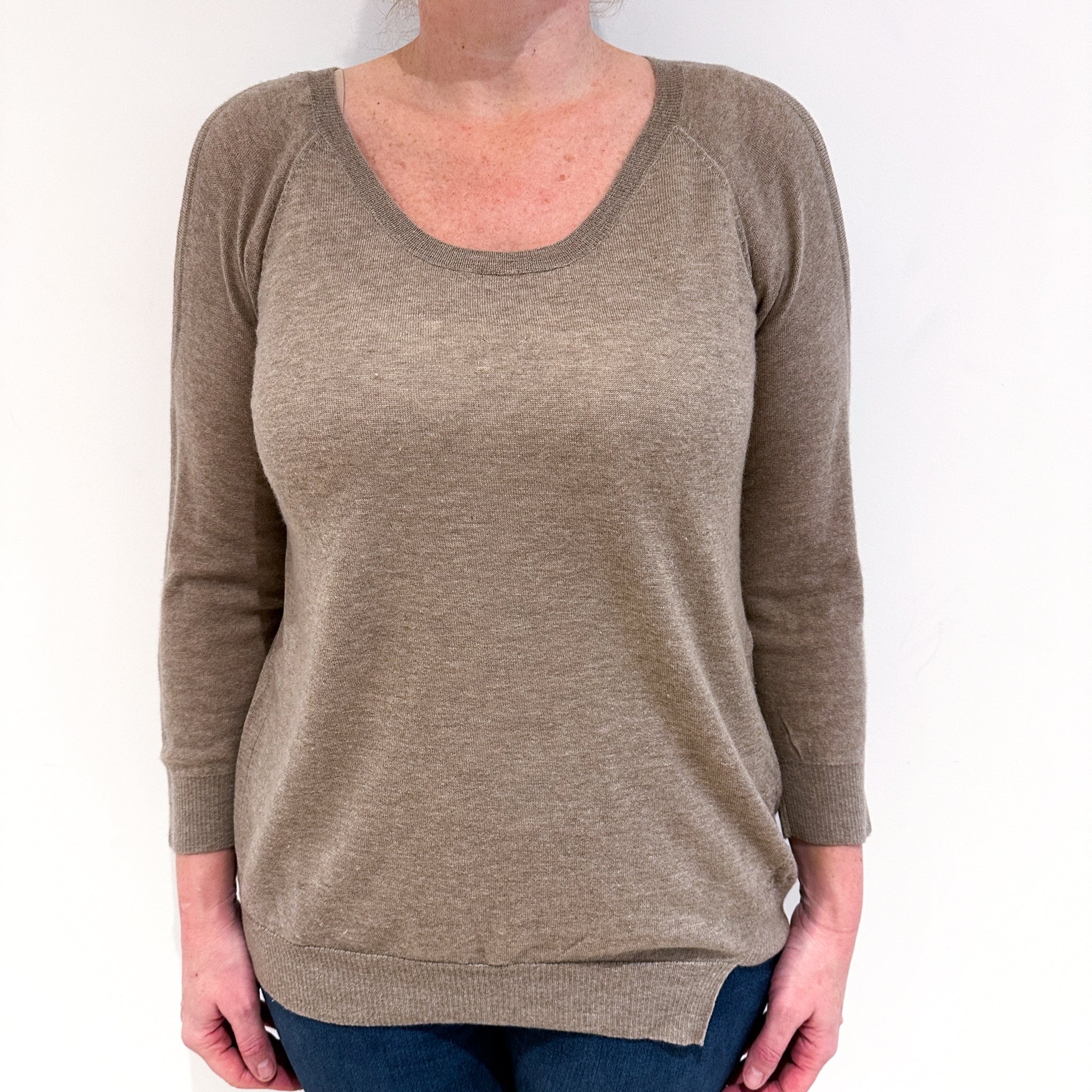 Taupe Brown Cold Shoulder Cashmere Crew Neck Jumper Large