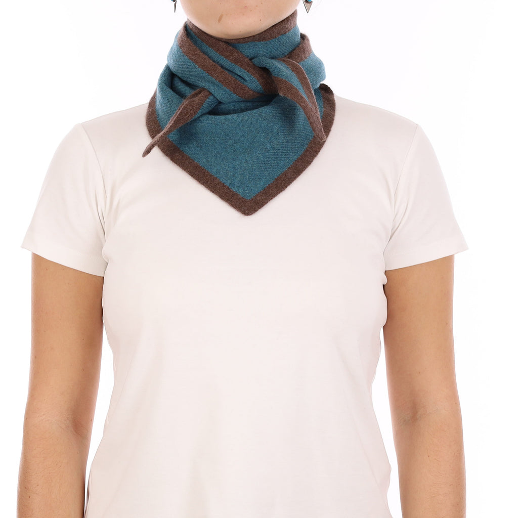 Brand New Ocean Green and Mocha Recycled Cashmere Triangle Scarf