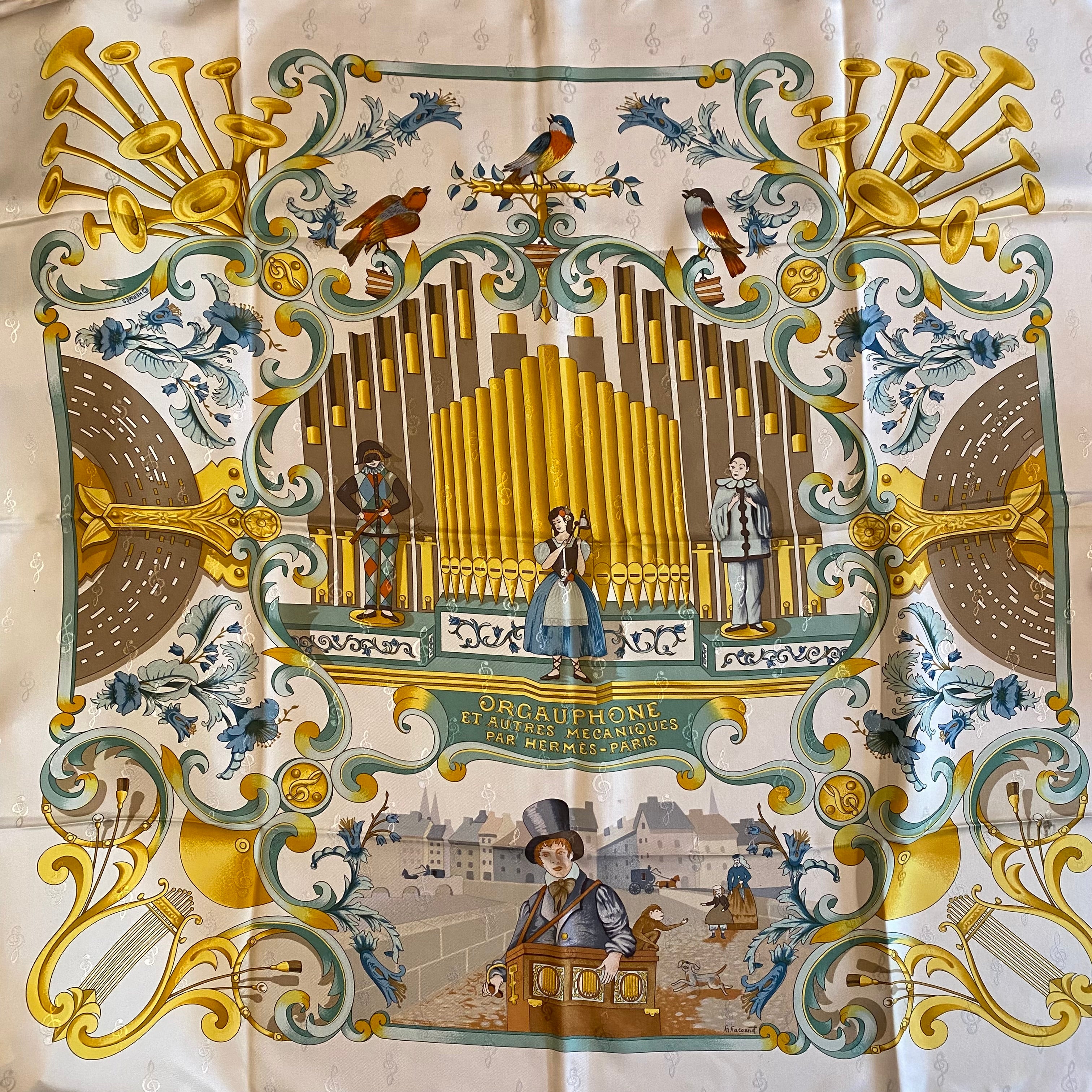 Hermès Orgauphone et Autres Mecaniques Vintage Silk Scarf