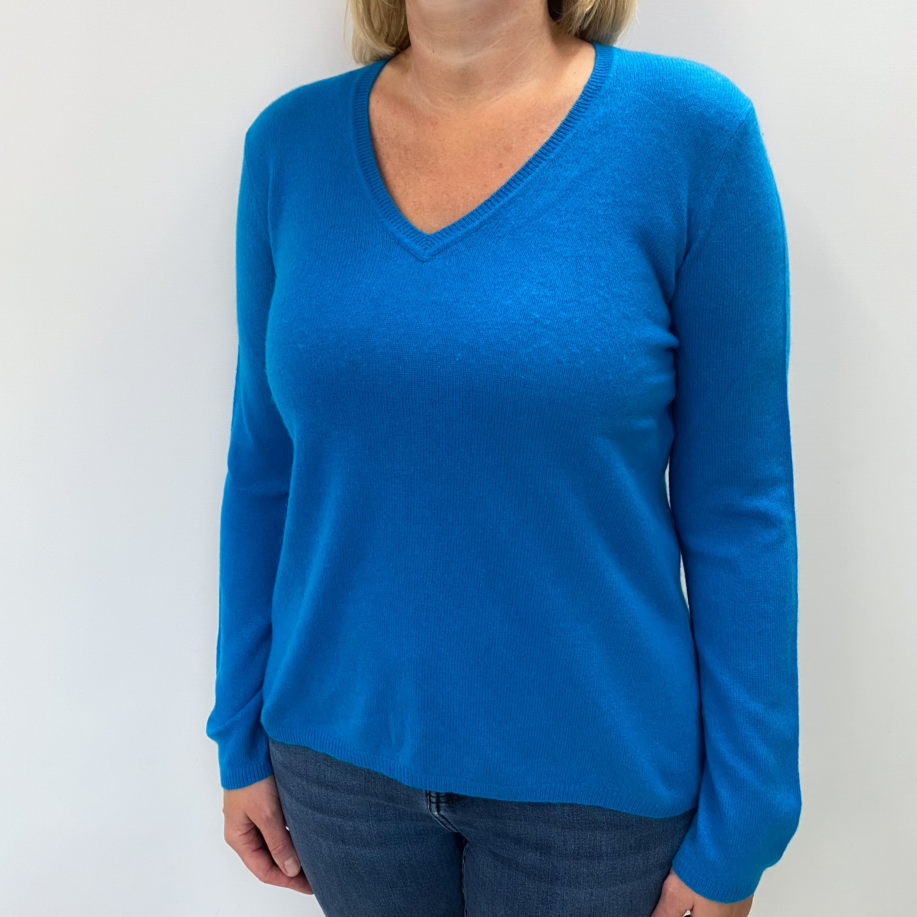 Cyan Blue Cashmere V Neck Jumper Large