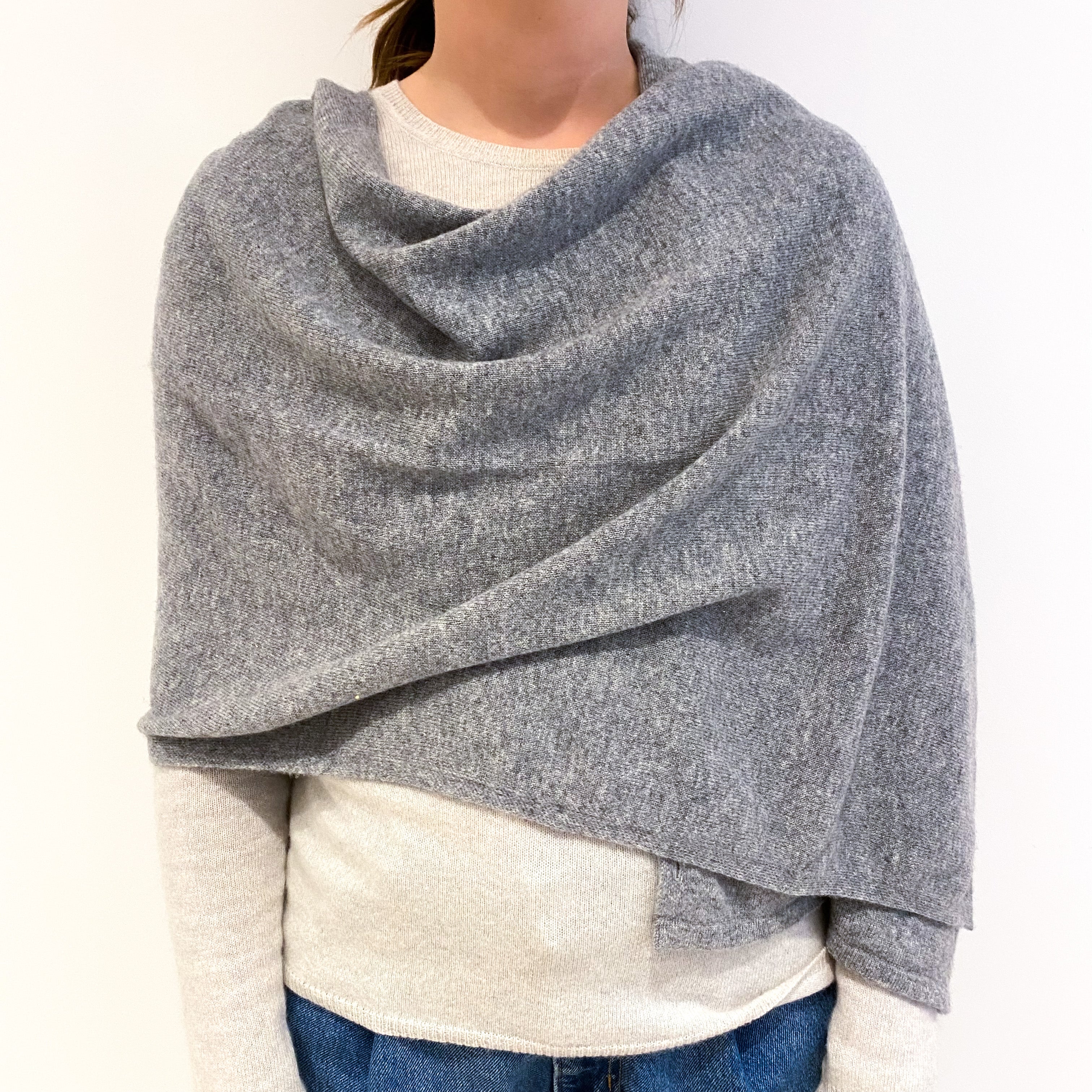 New Scottish Ash Grey Cashmere Buttoned Wrap/Scarf