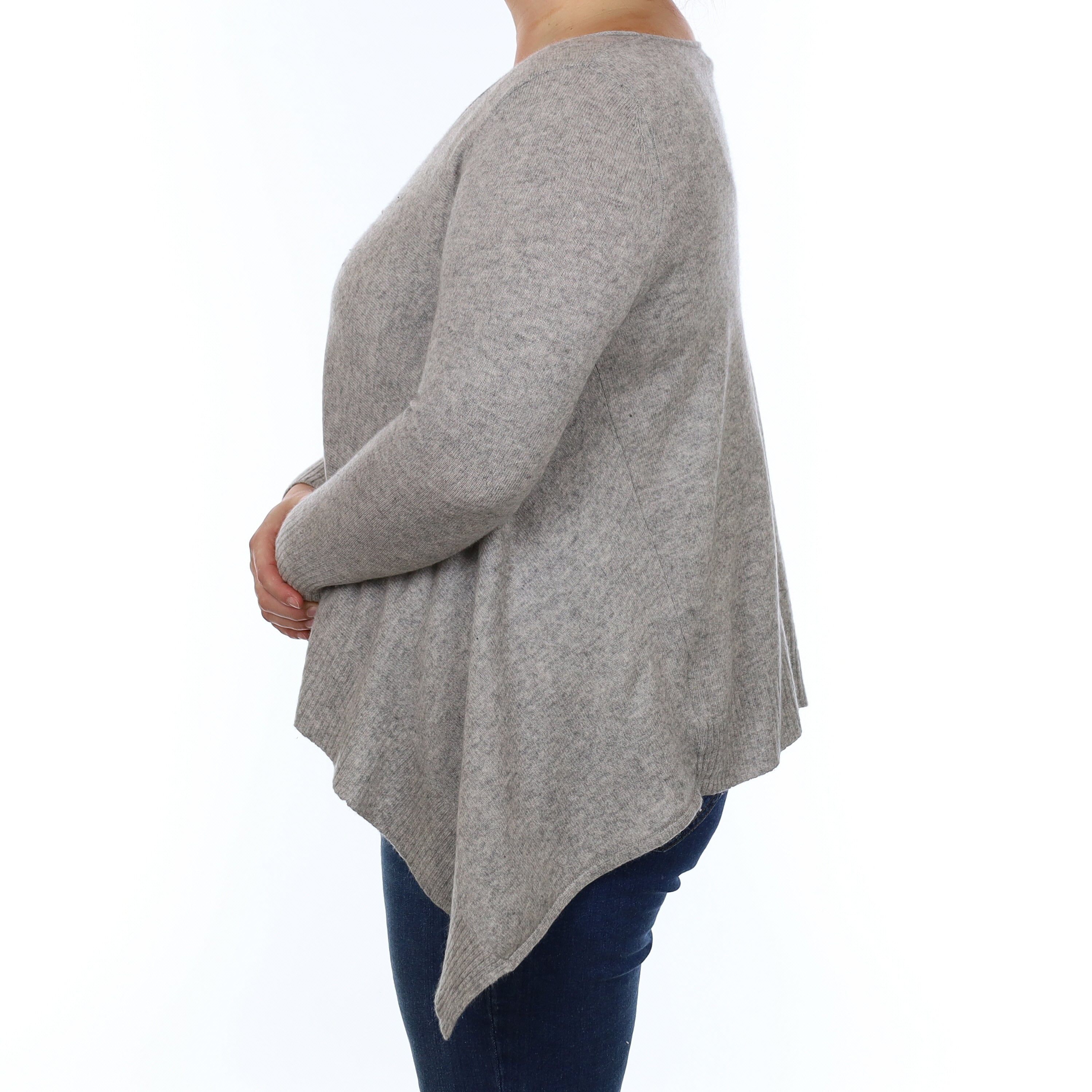 Smoke Grey Cashmere Asymmetric Hem V Neck Jumper Large