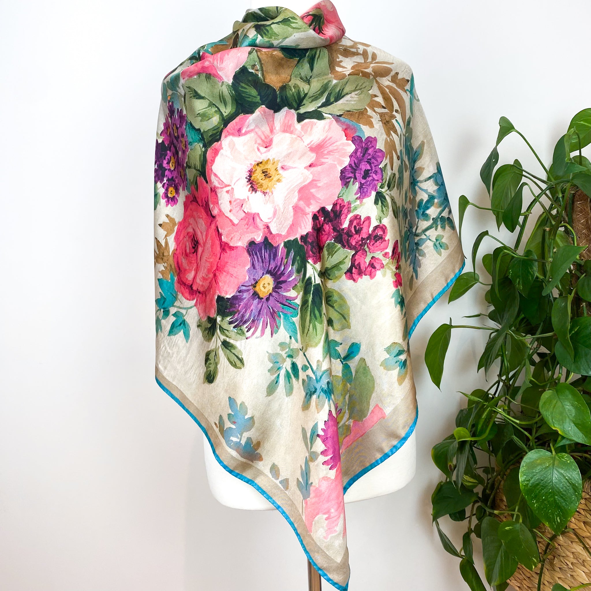 Muted Floral Design Vintage Silk Scarf