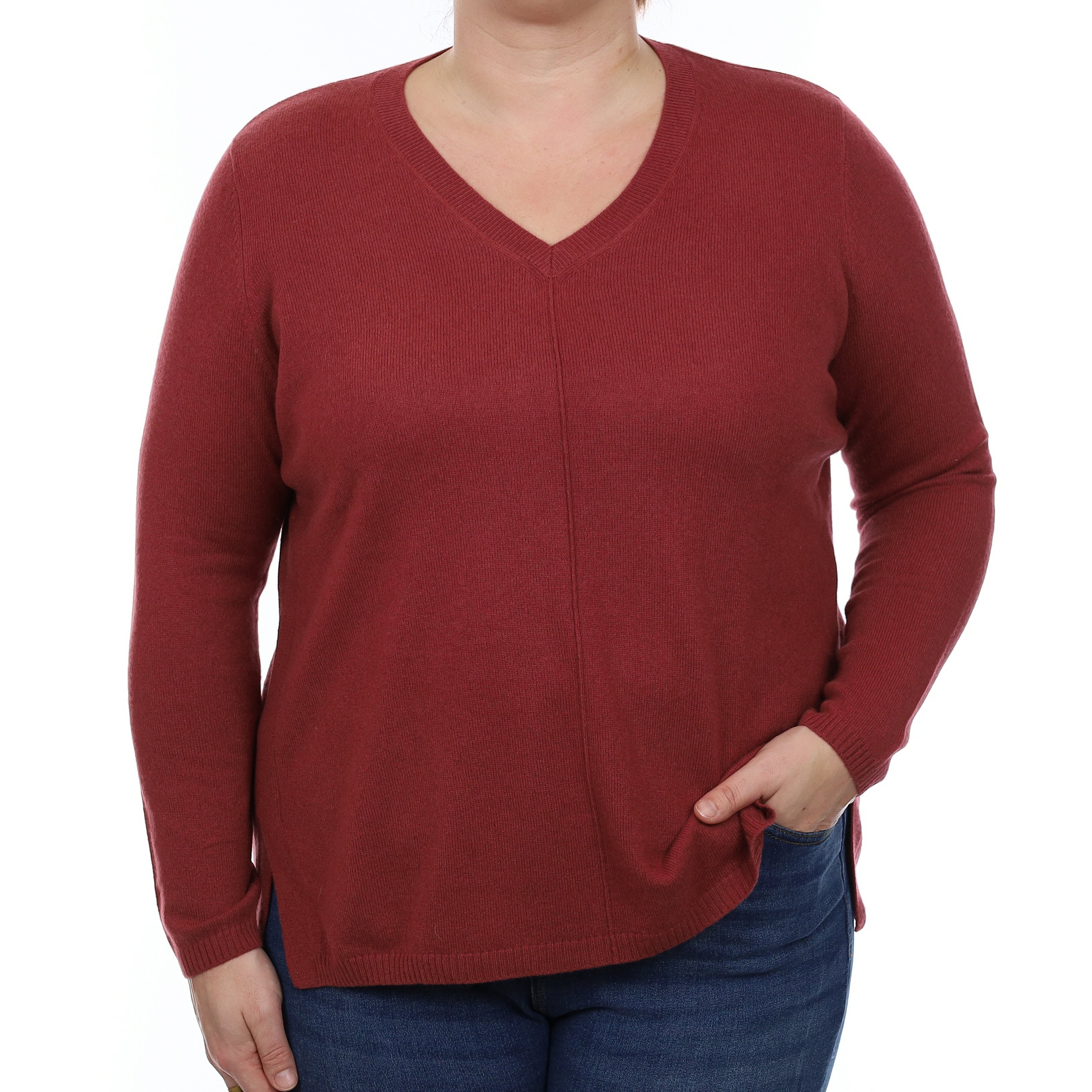 Brick Red Cashmere V Neck Jumper Large