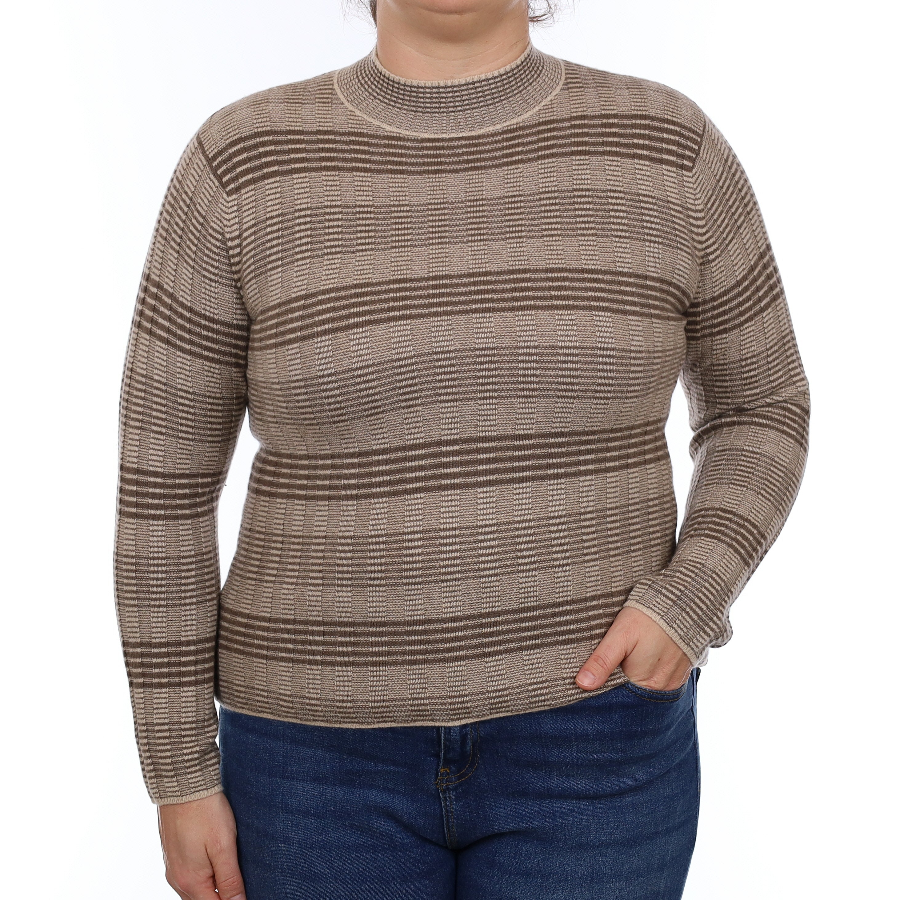 Mocha and Fawn Striped Cashmere Turtle Neck Jumper Large