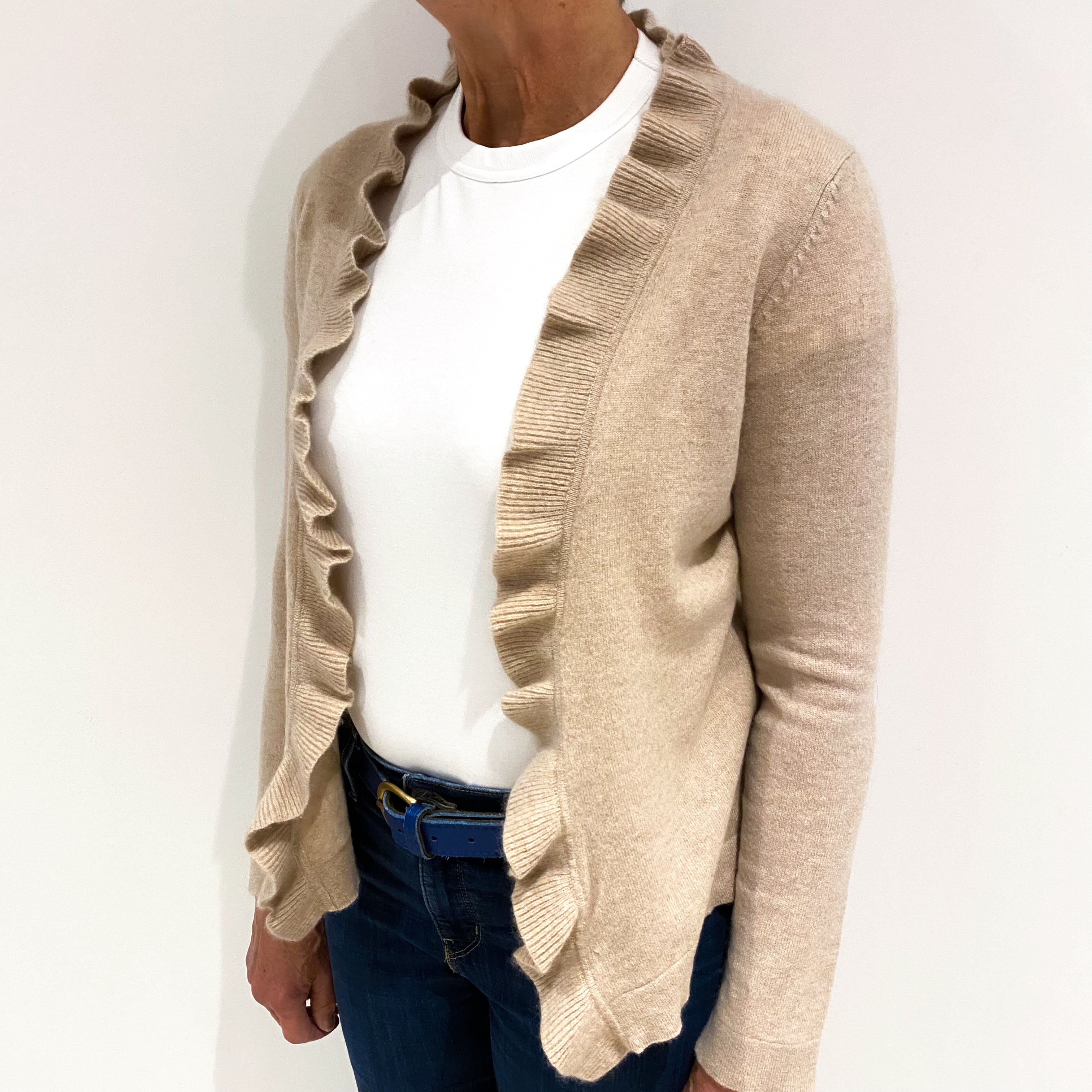 Fawn Brown Cashmere Ruffle Edge to Edge Cardigan Medium