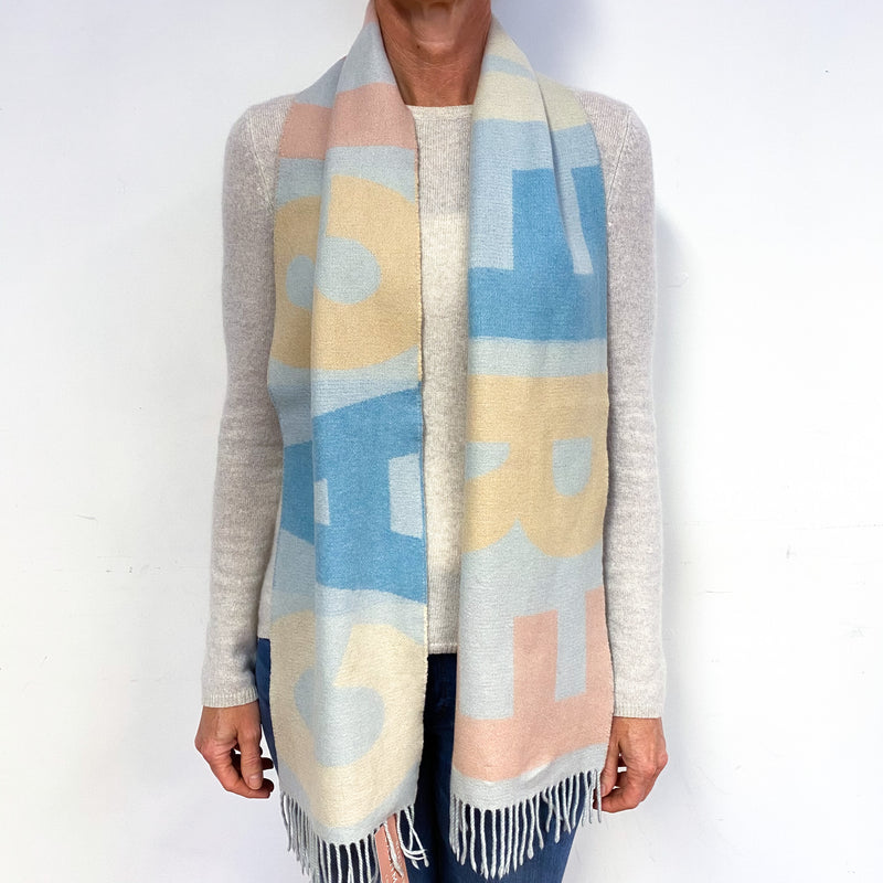 Opal Blue Cashmere Fringed Woven Scarf with ‘Cashmere’ Lettering Design
