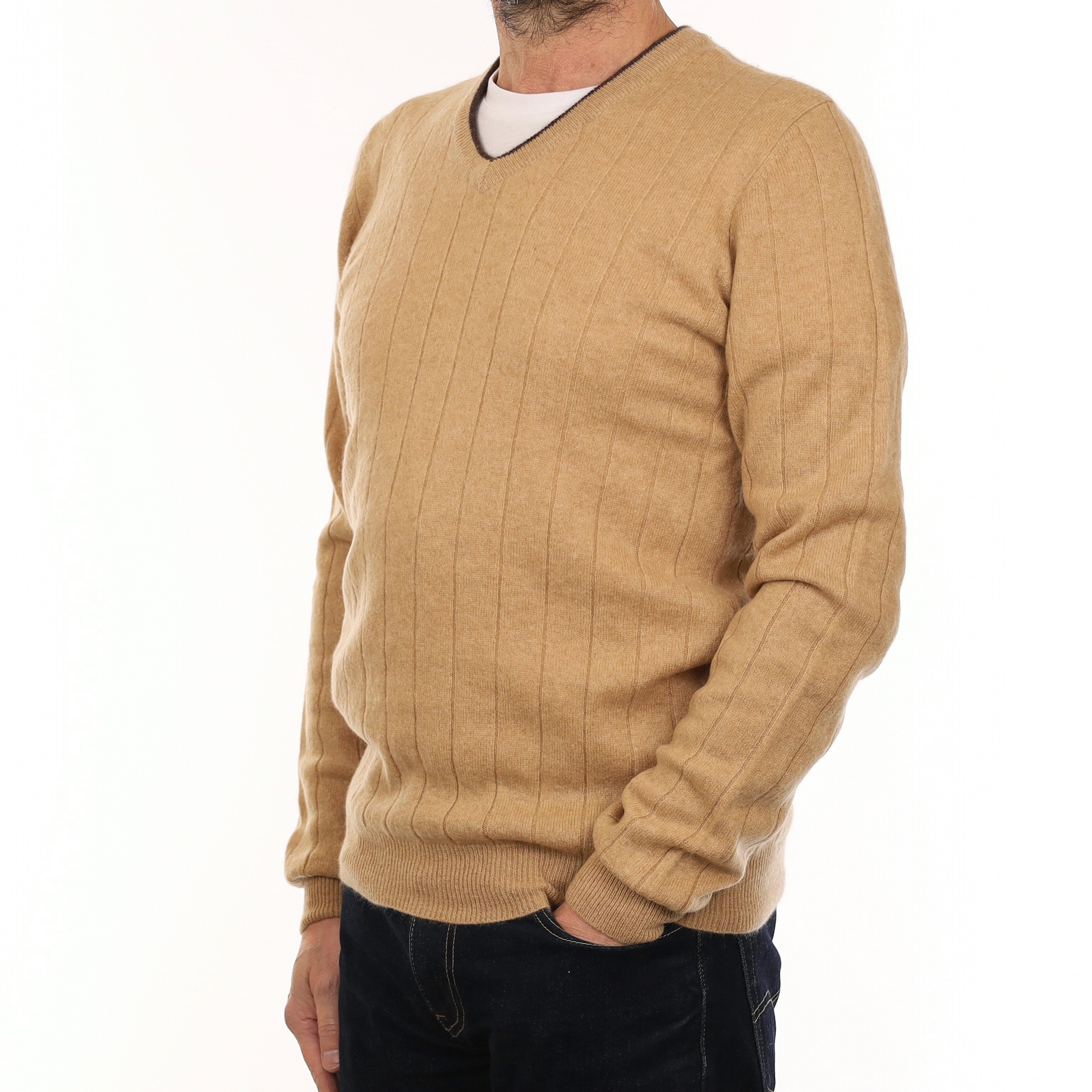 Men's Caramel Rib Cashmere V Neck Jumper Small