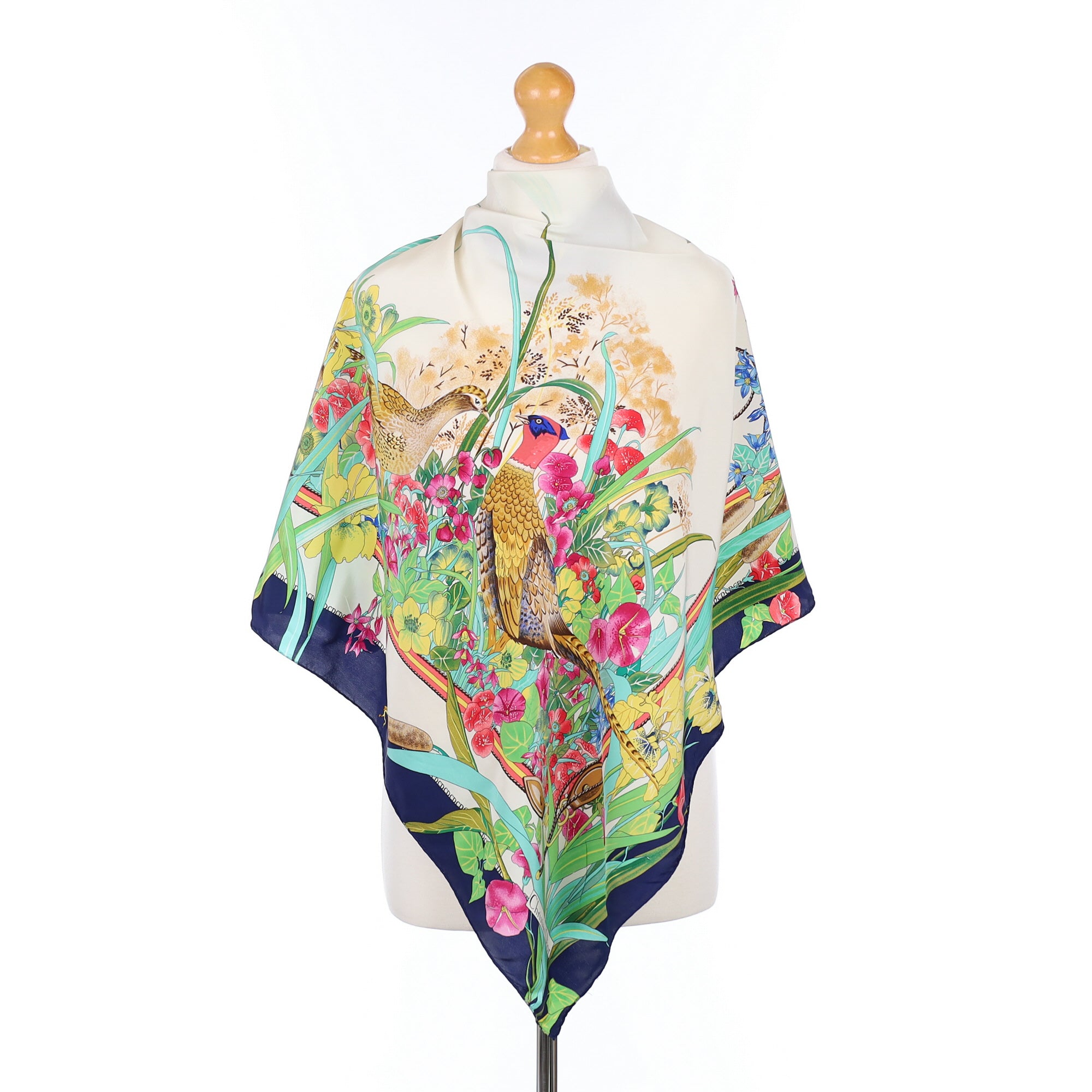 Christian Dior Pheasant and Floral Vintage Silk Scarf