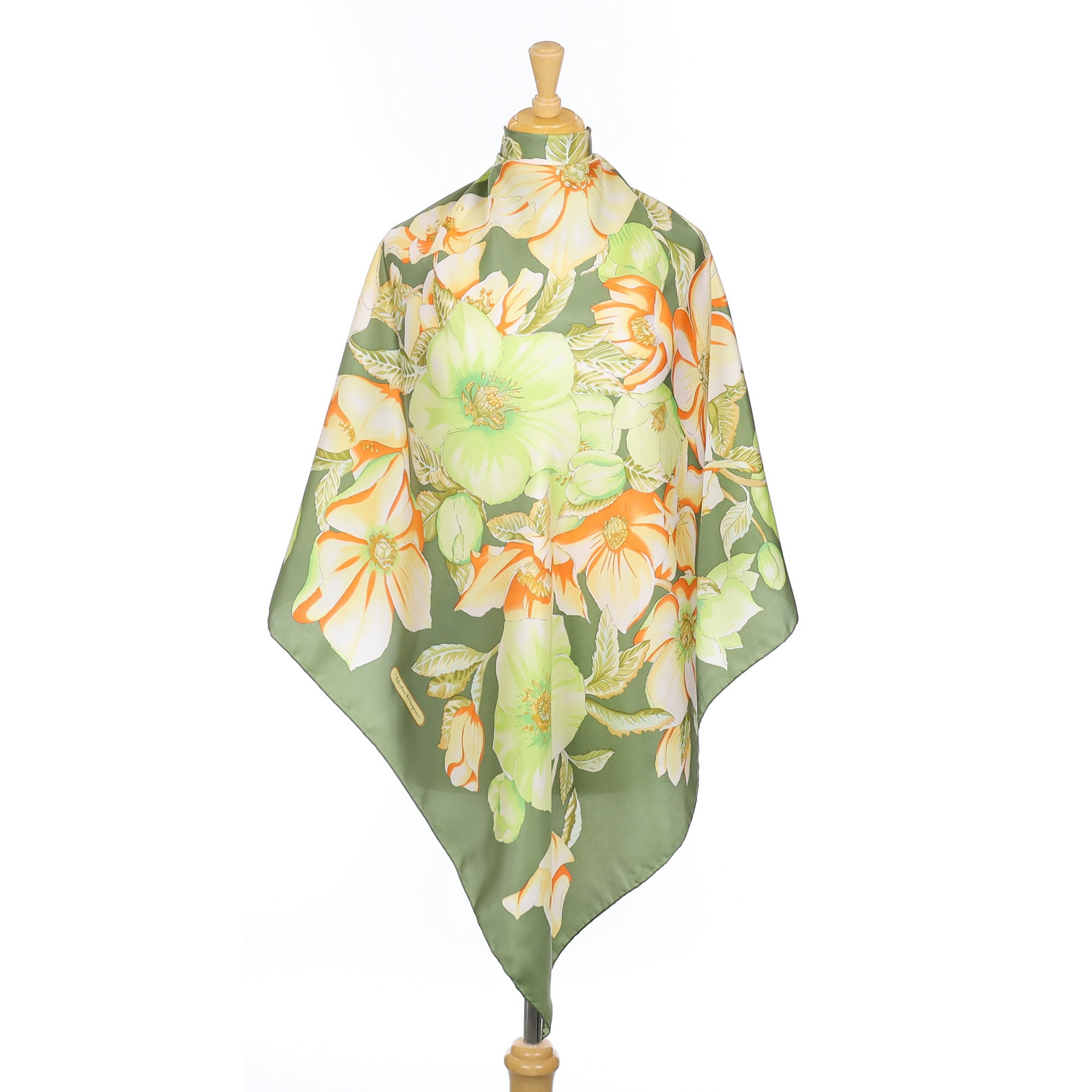 Salvatore Ferragamo Green Floral Designer Silk Scarf