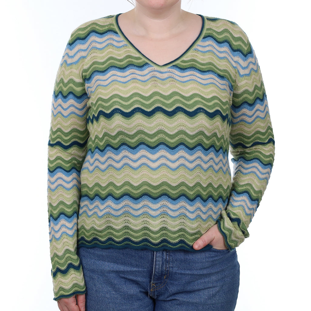 Green Swirl Lace Knit Cashmere V Neck Jumper Large