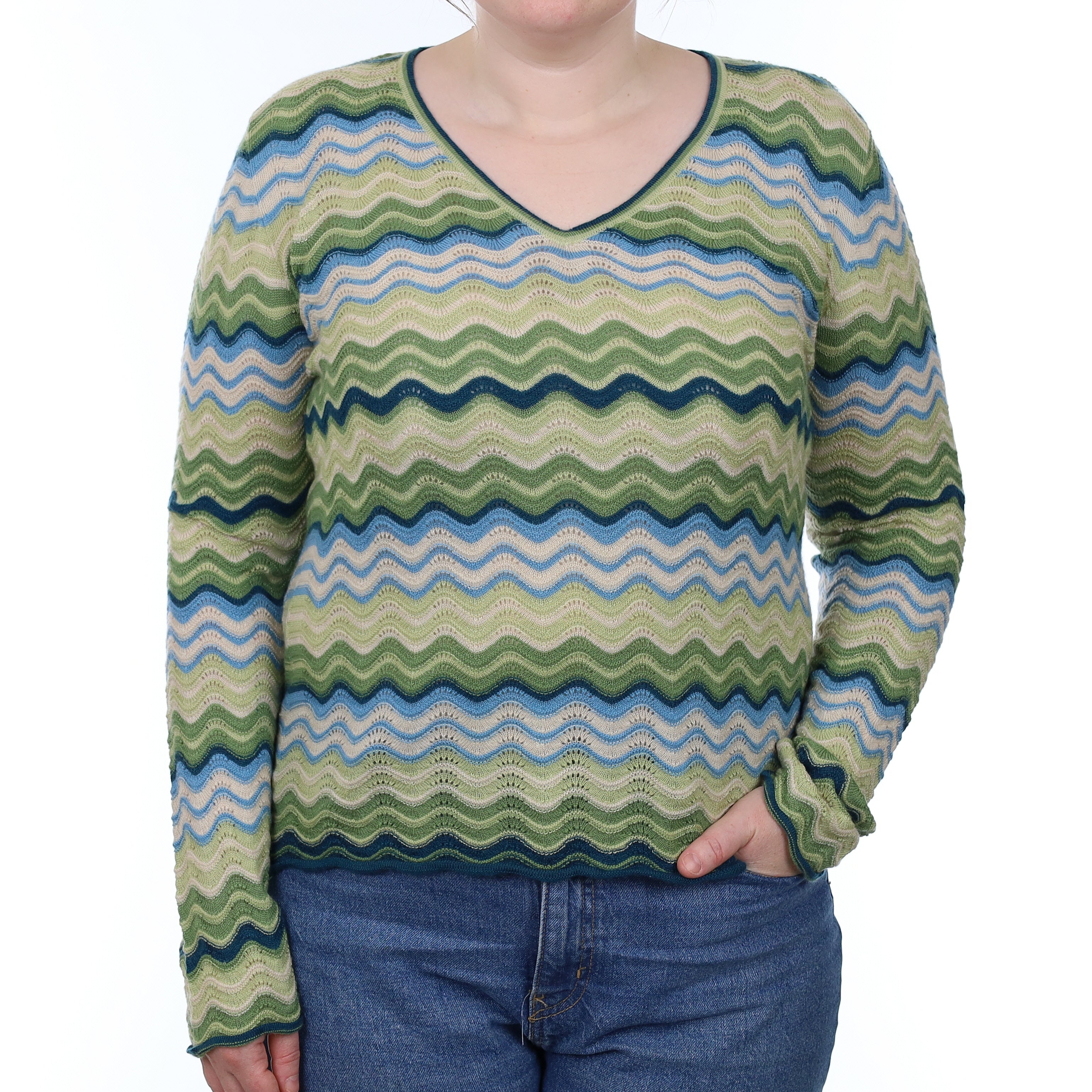 Green Swirl Lace Knit Cashmere V Neck Jumper Large