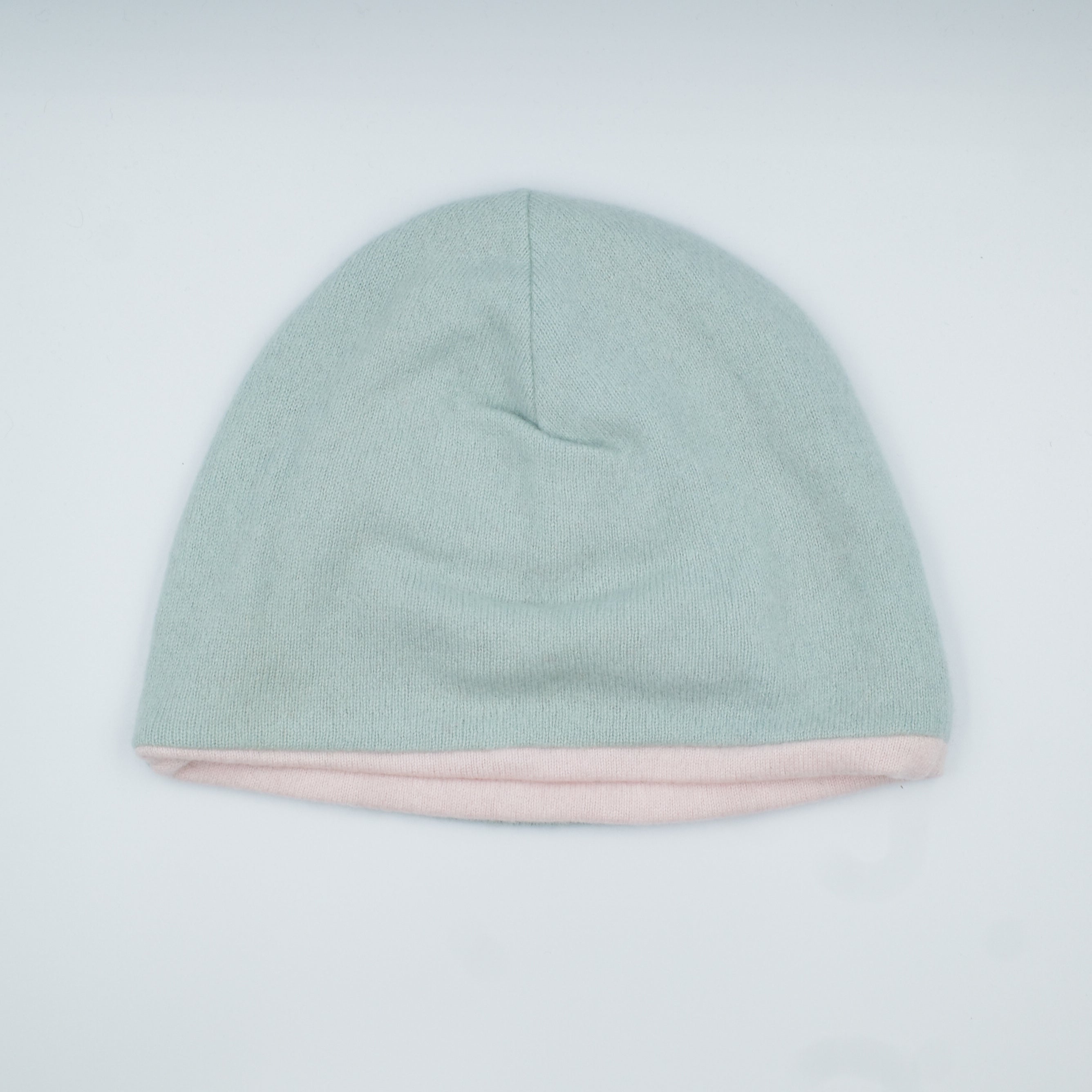 Pale Aqua Blue and Shell Pink Cashmere Beanie Hat