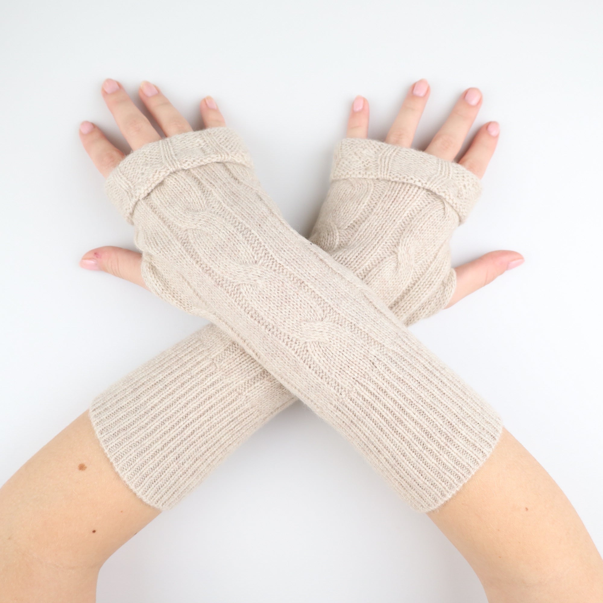 Beige Cable Knit Fingerless Gloves