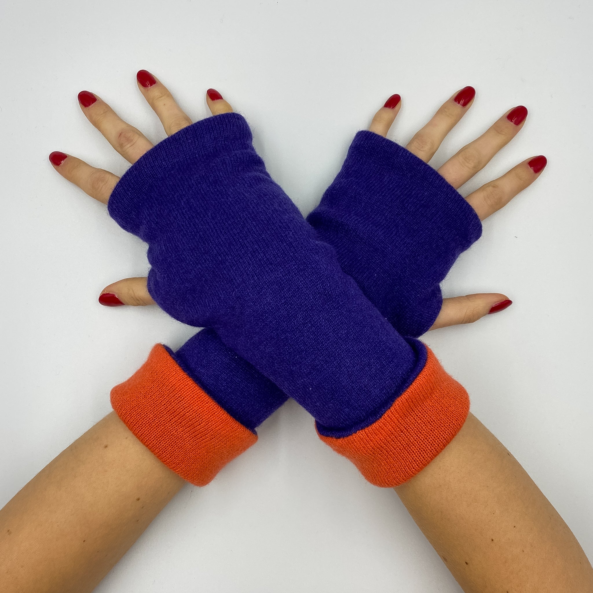 Grape Purple and Sunset Orange Luxury Reversible Cashmere Fingerless Gloves