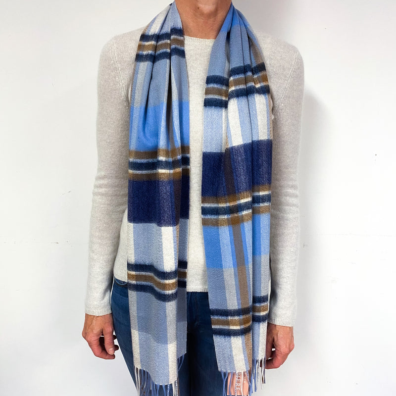 Blue and Mocha Checked Fringed Cashmere Woven Scarf