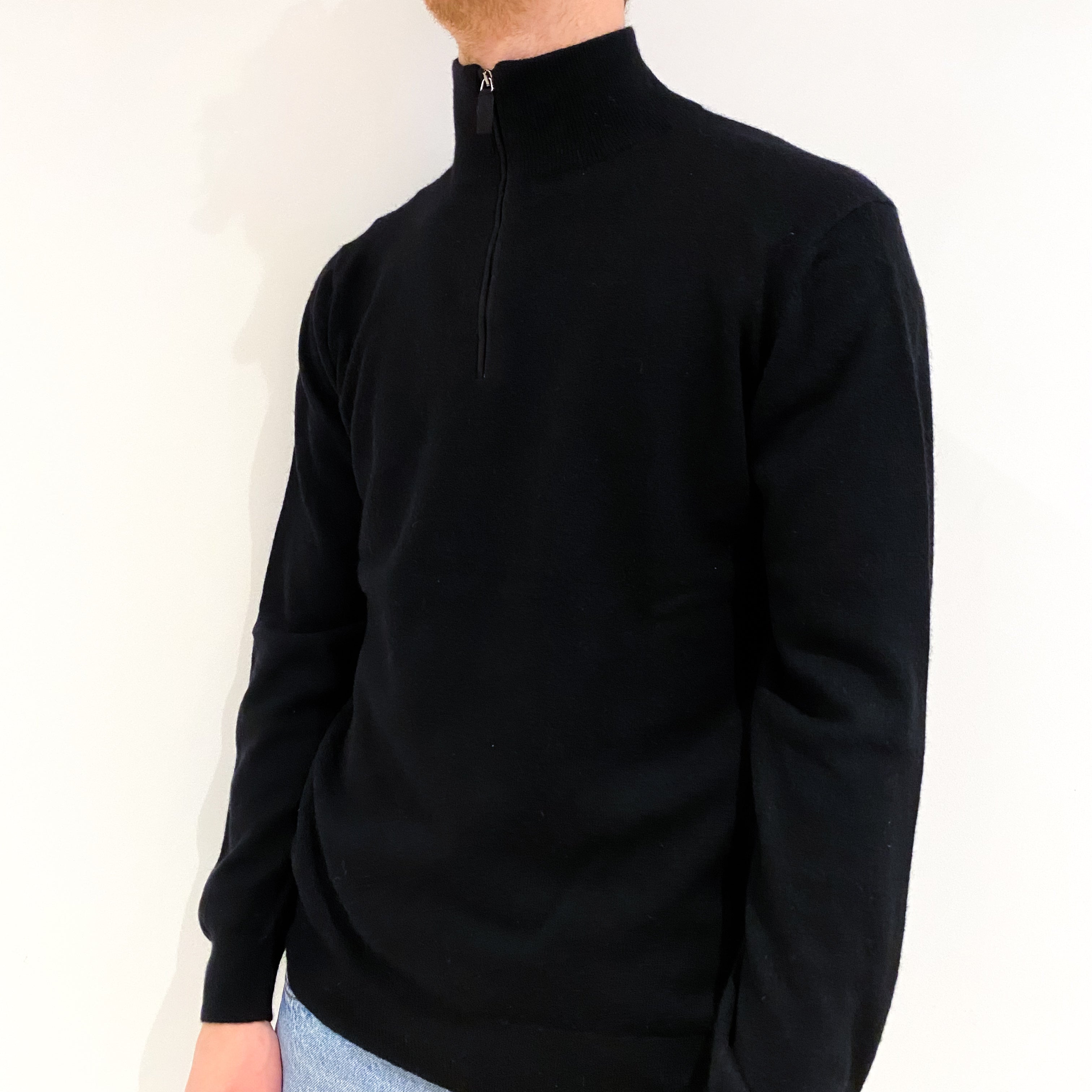 Men's Black Cashmere 1/4 Zip Jumper Medium