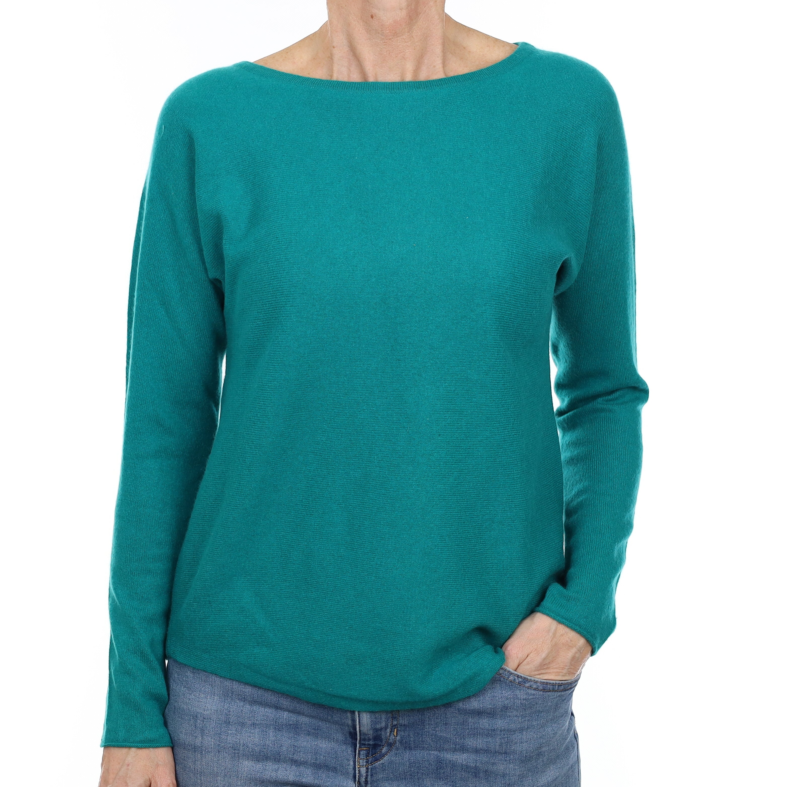 Deep Turquoise Green Cashmere Batwing Scoop Neck Jumper Small