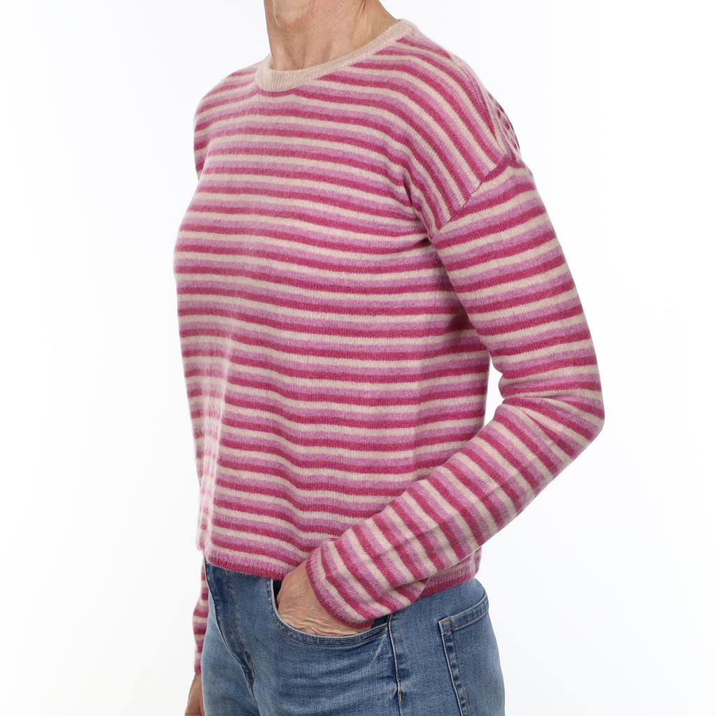 Magenta and Lilac Striped Cashmere Crew Neck Jumper Small