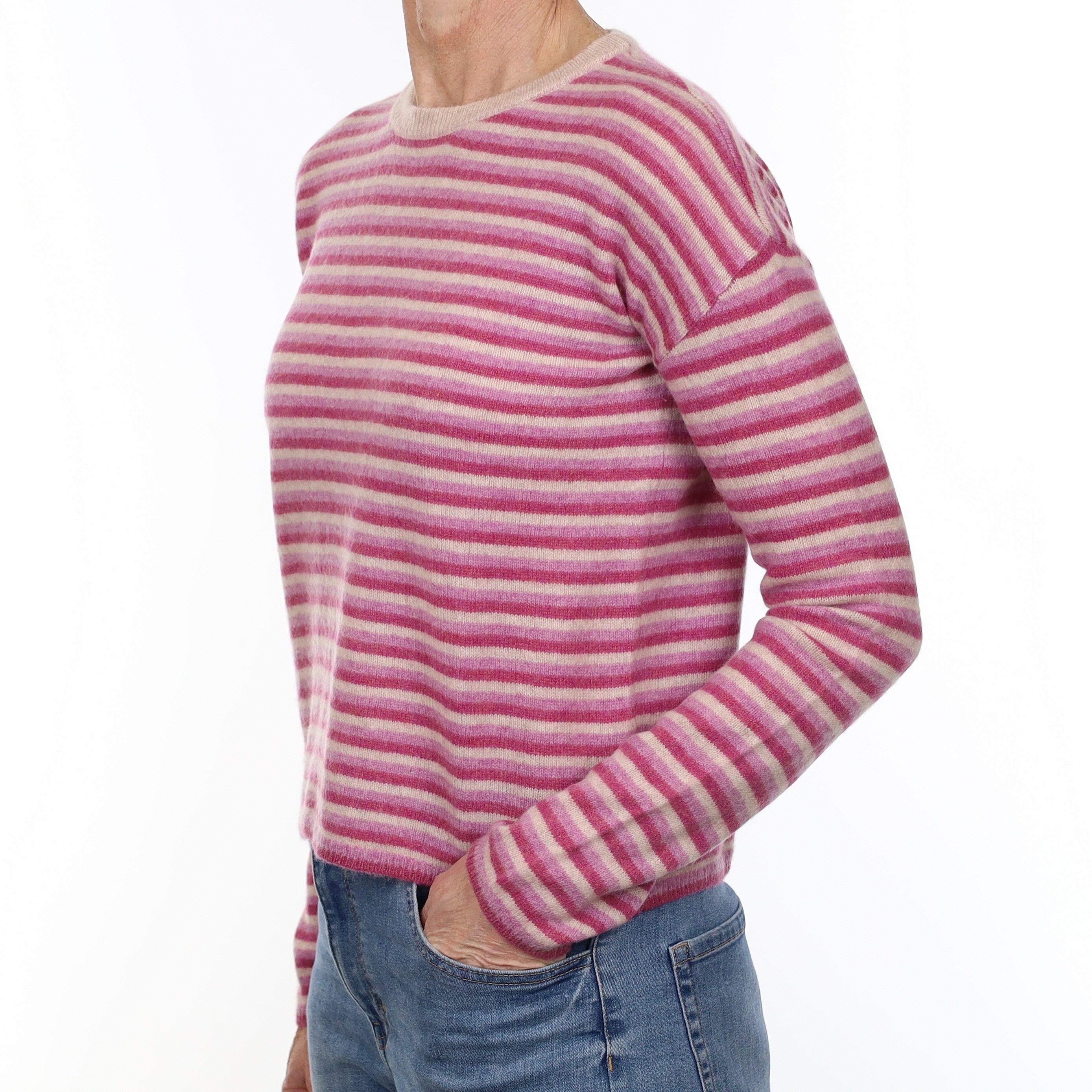 Magenta and Lilac Striped Cashmere Crew Neck Jumper Small