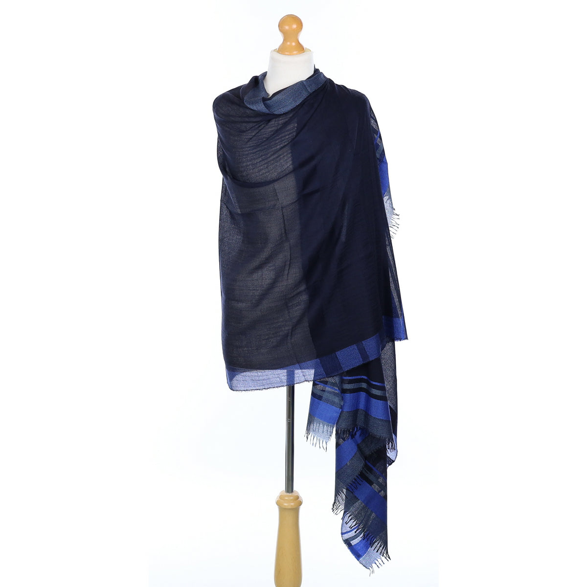 Scottish Begg & Co Navy Blue Striped Fine Woven Cashmere & Silk Wrap