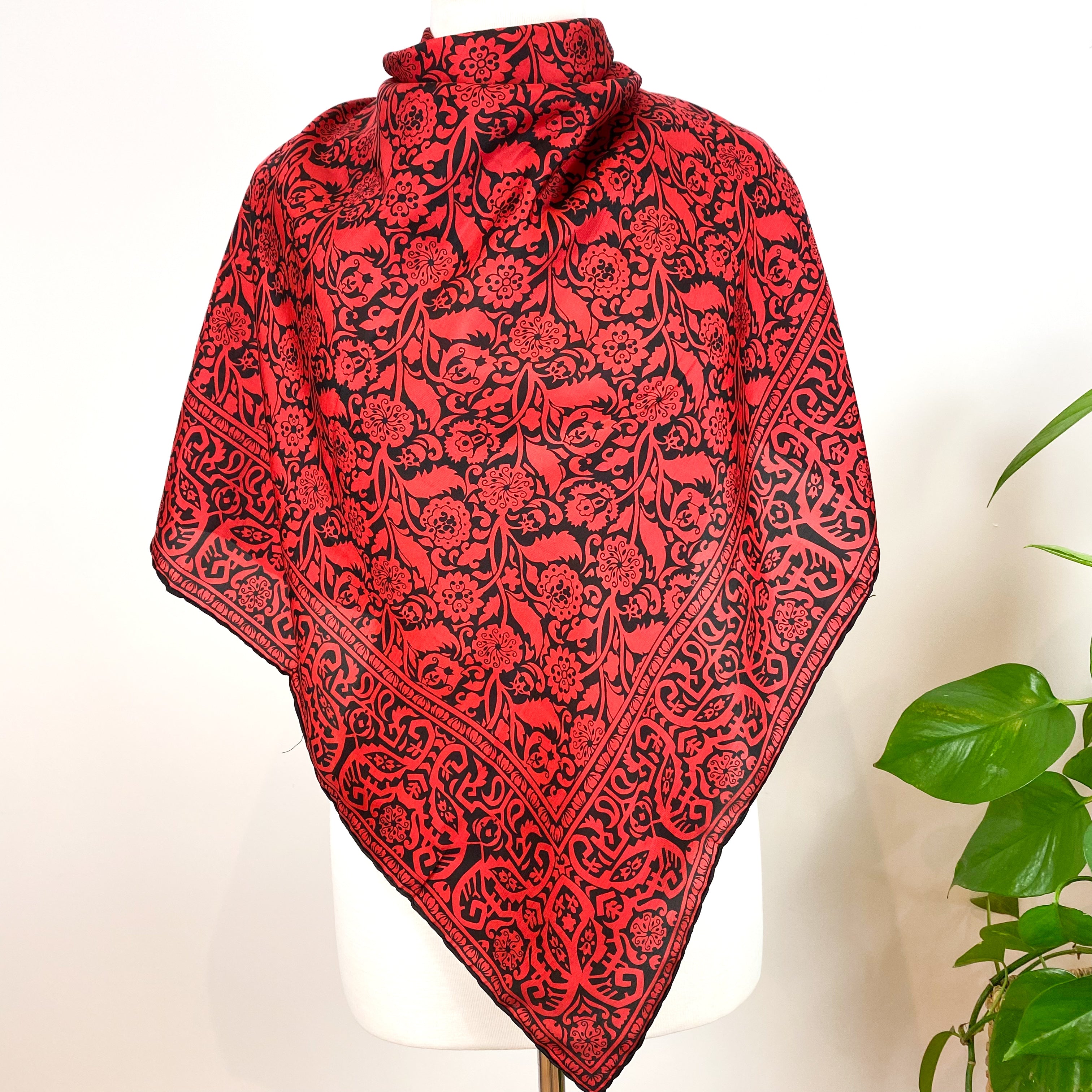 Red and Black Floral Silk Scarf