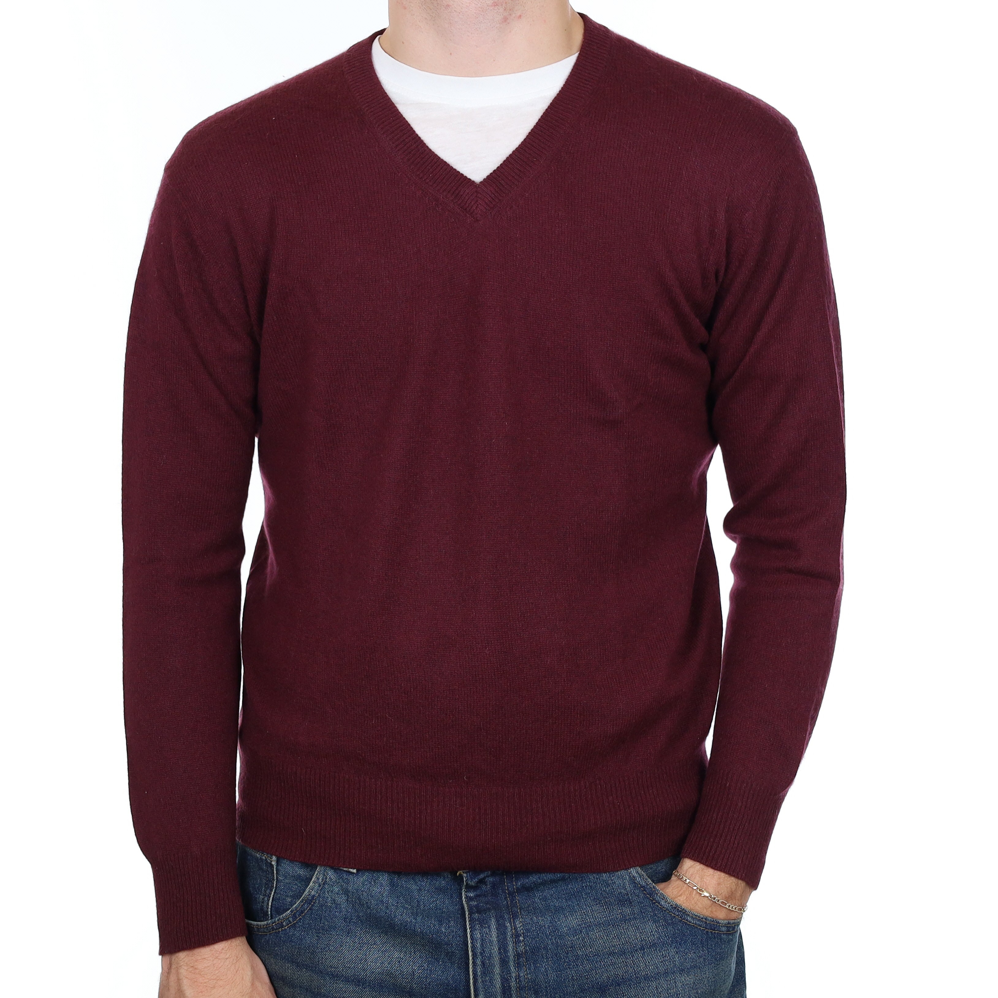 Men’s Wine Red Cashmere V Neck Jumper Medium