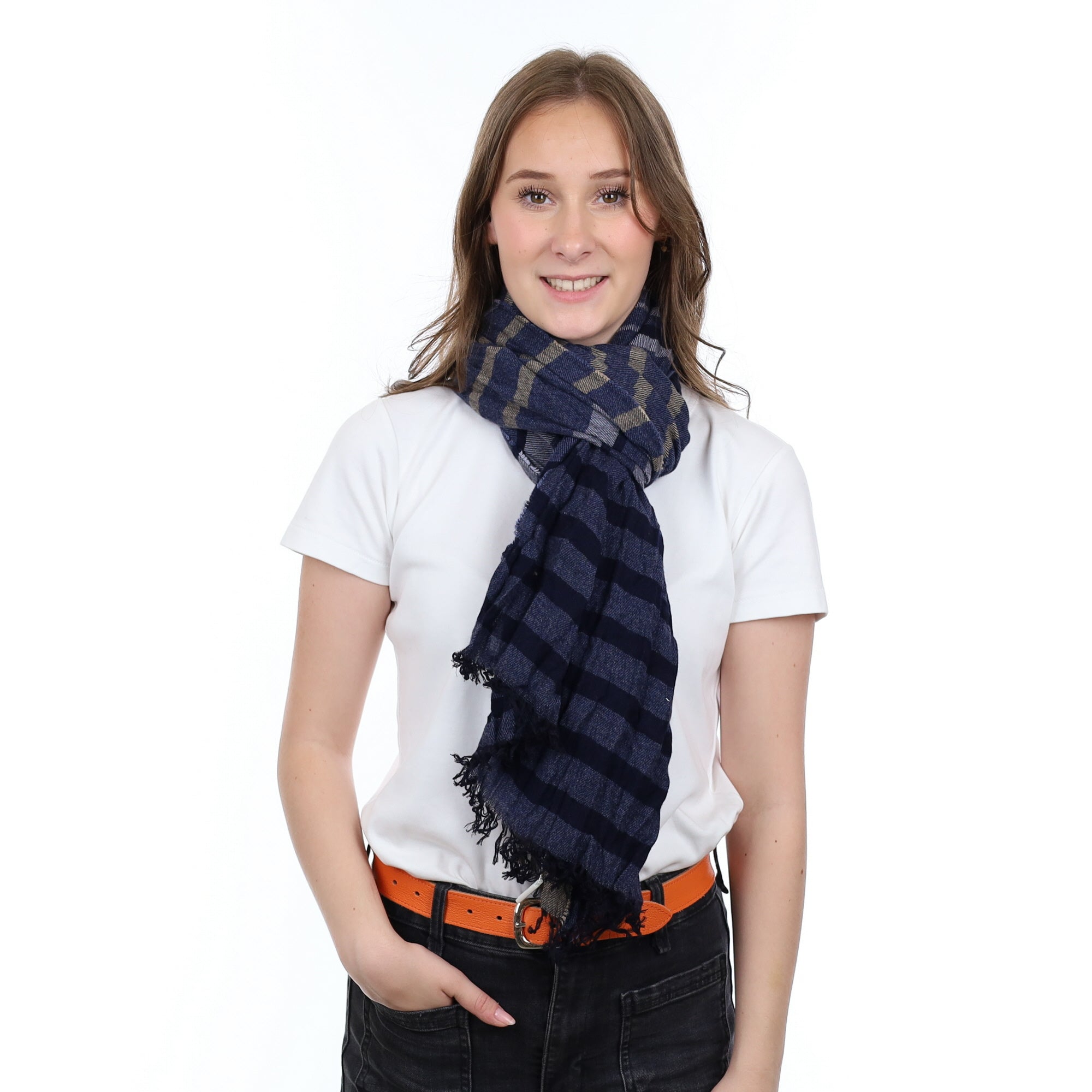 Brand New British Midnight Blue and Sand Luxury Woven Cashmere Crinkle Wrap