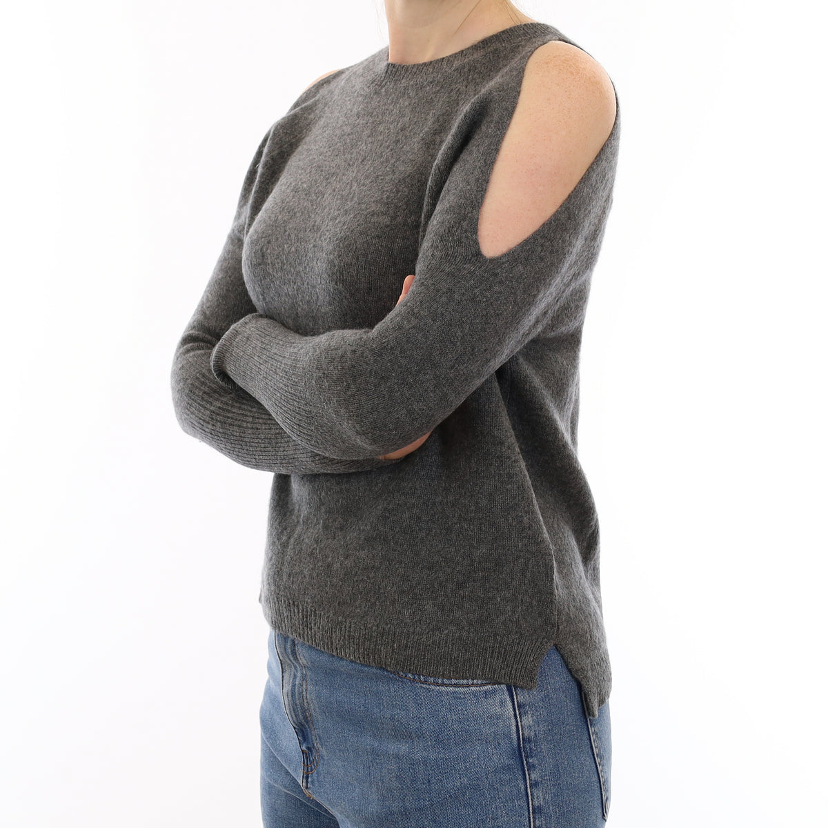 Slate Grey Open Shoulder Cashmere Crew Neck Jumper Small