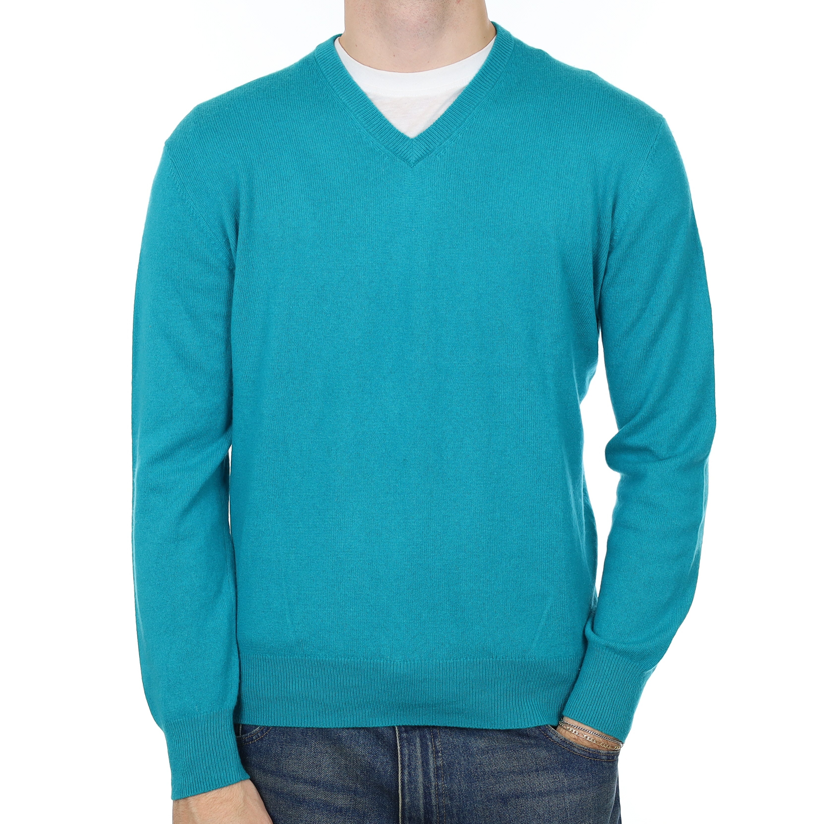 Men’s Turquoise Cashmere V Neck Jumper Medium