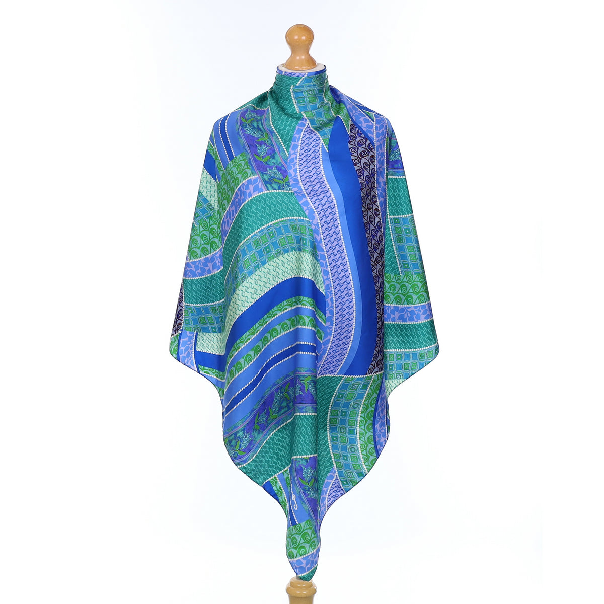 Clelia + Romy Blue And Green Patterned Silk Scarf