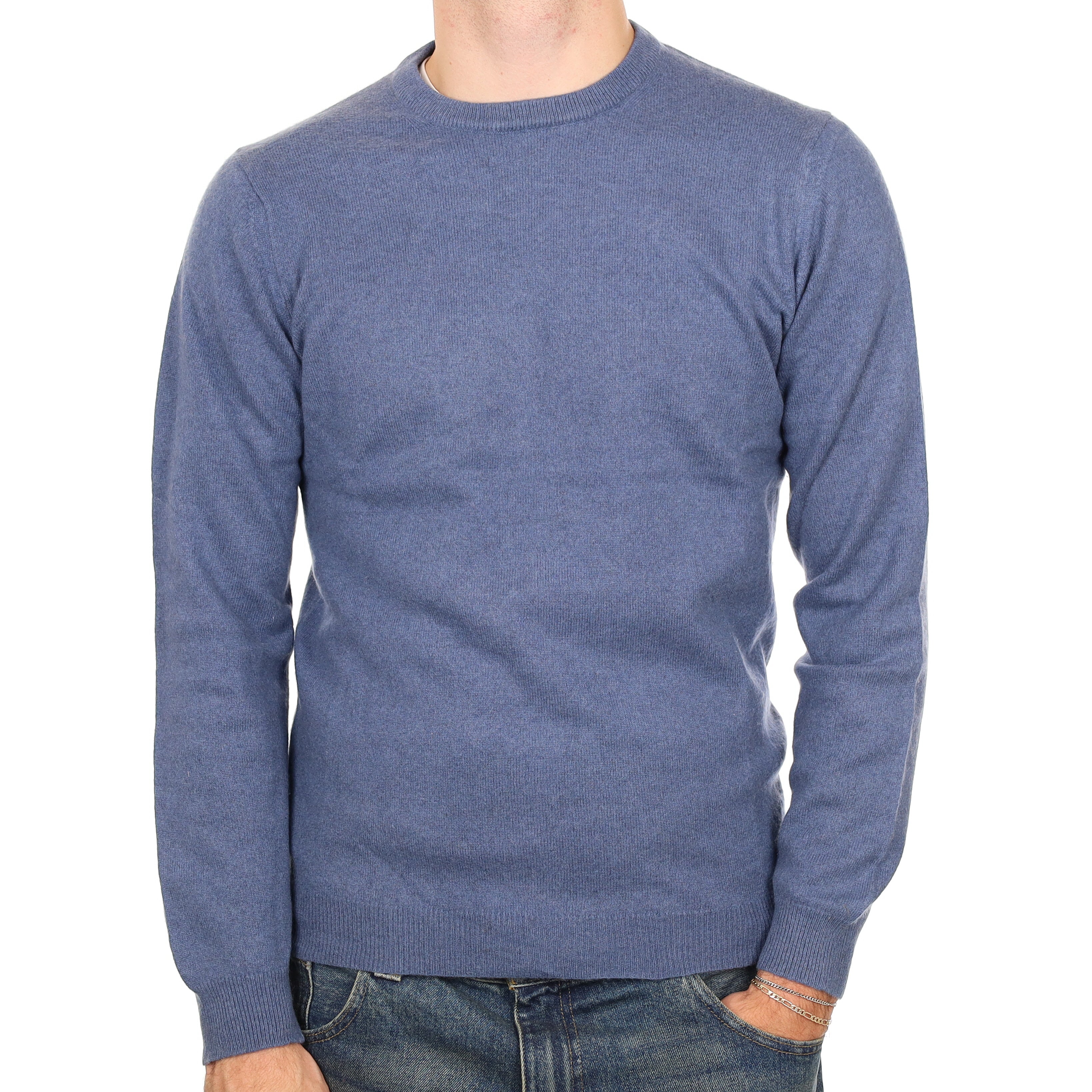 Men’s Italian Dusky Blue Cashmere Crew Neck Jumper Medium