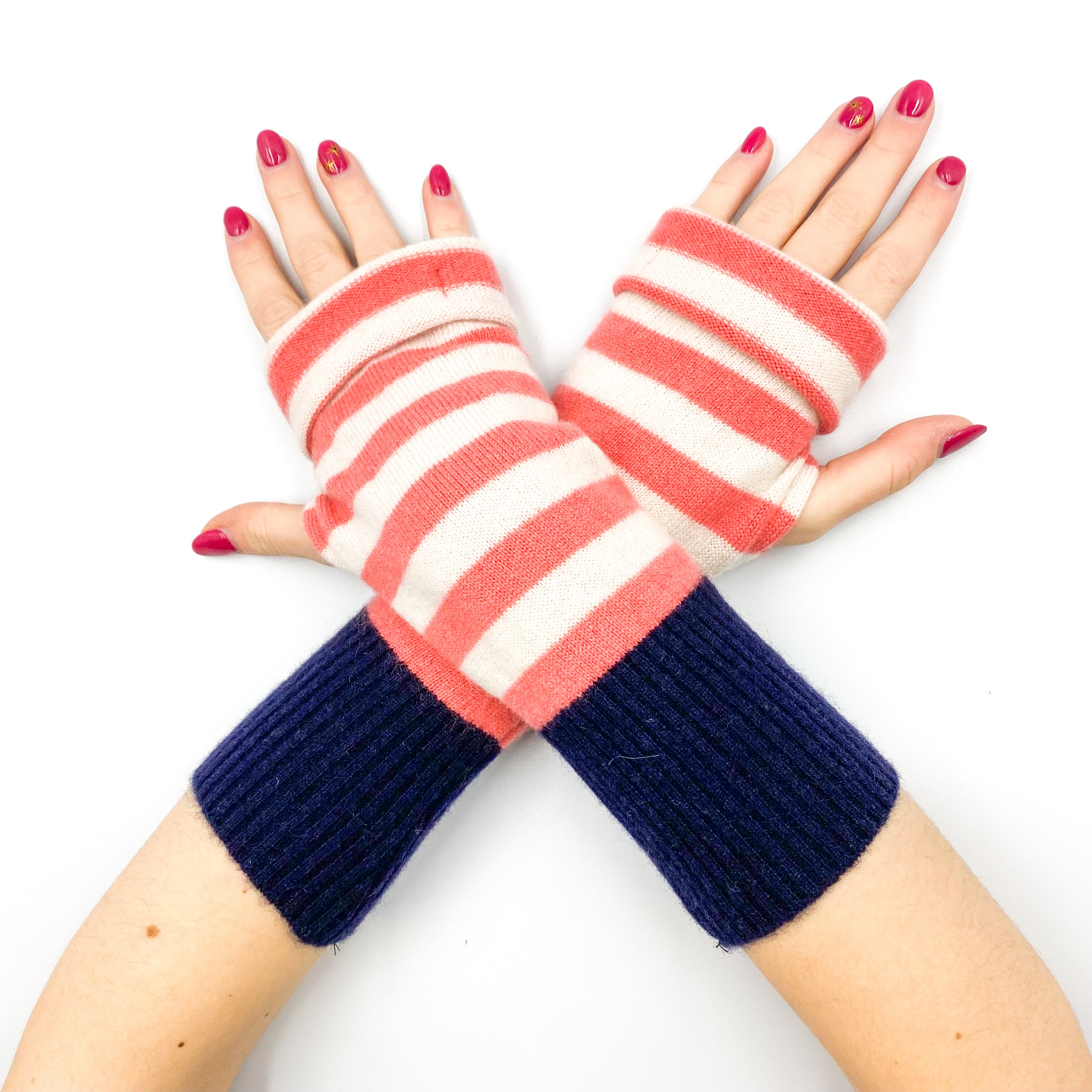 Coral and Ivory Stripe Fingerless Gloves