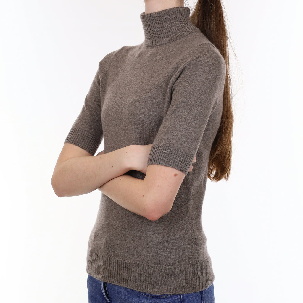 Mocha Brown Cashmere Short Sleeved Polo Neck Jumper Extra Small