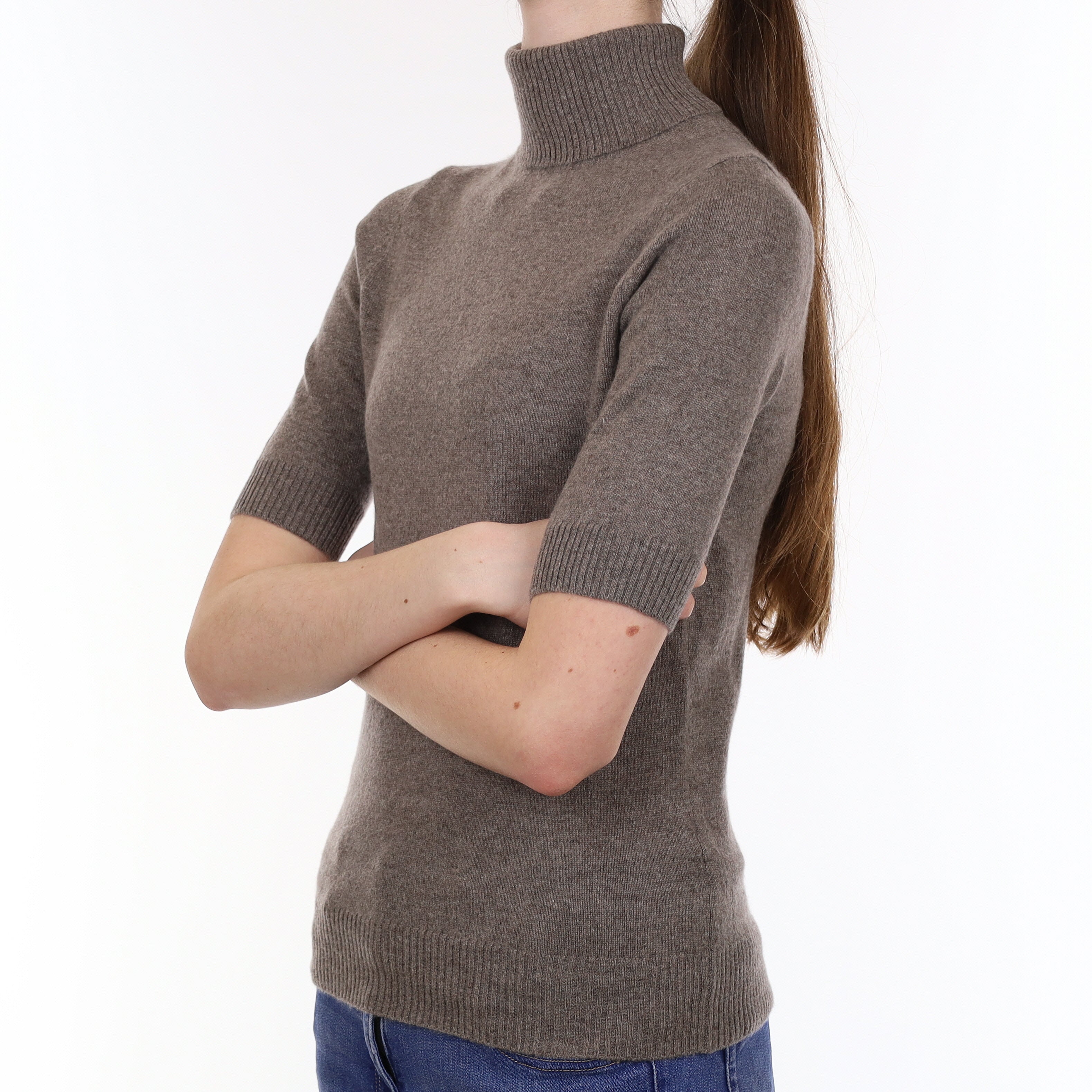 Mocha Brown Cashmere Short Sleeved Polo Neck Jumper Extra Small
