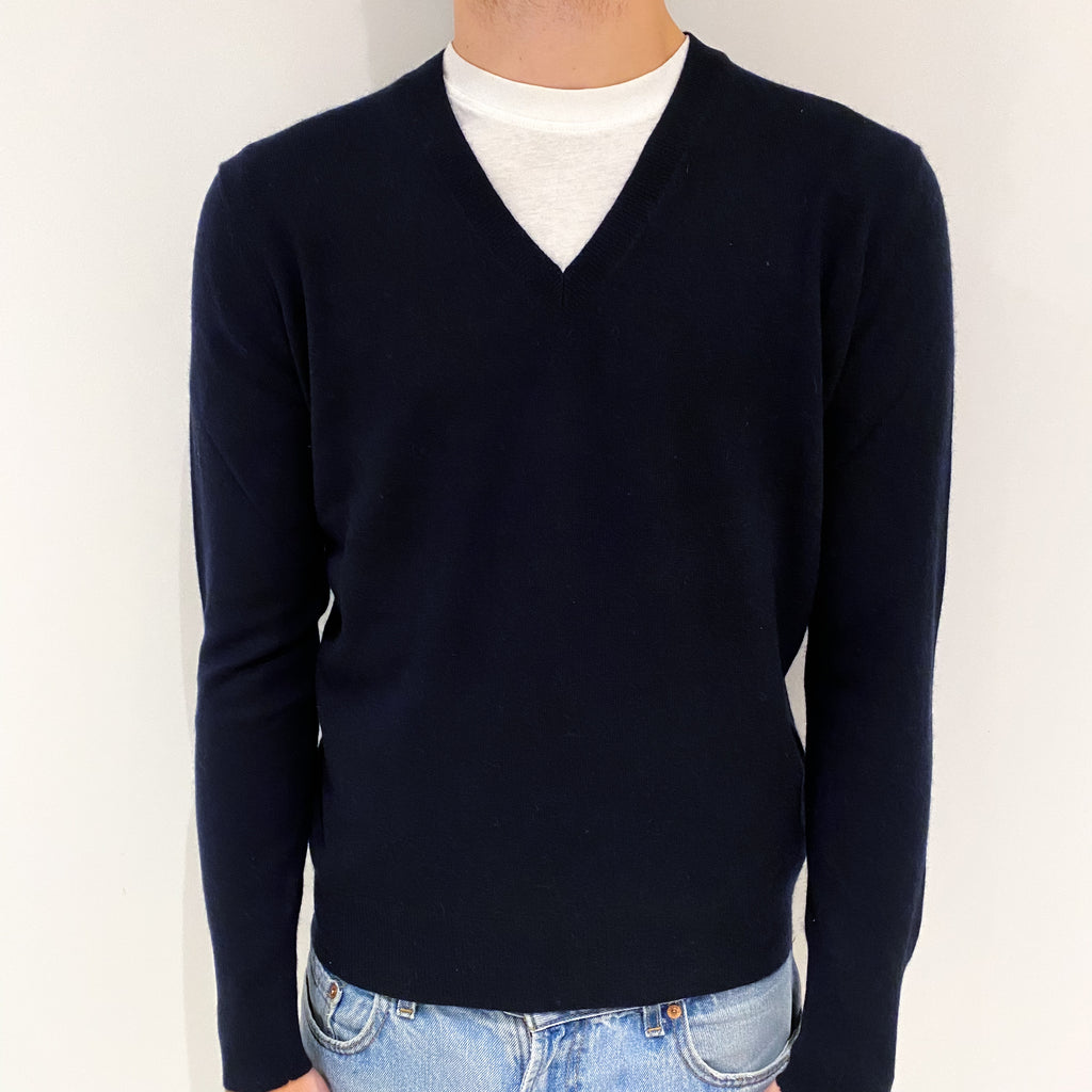 Men's Navy Blue Cashmere V-Neck Jumper Large