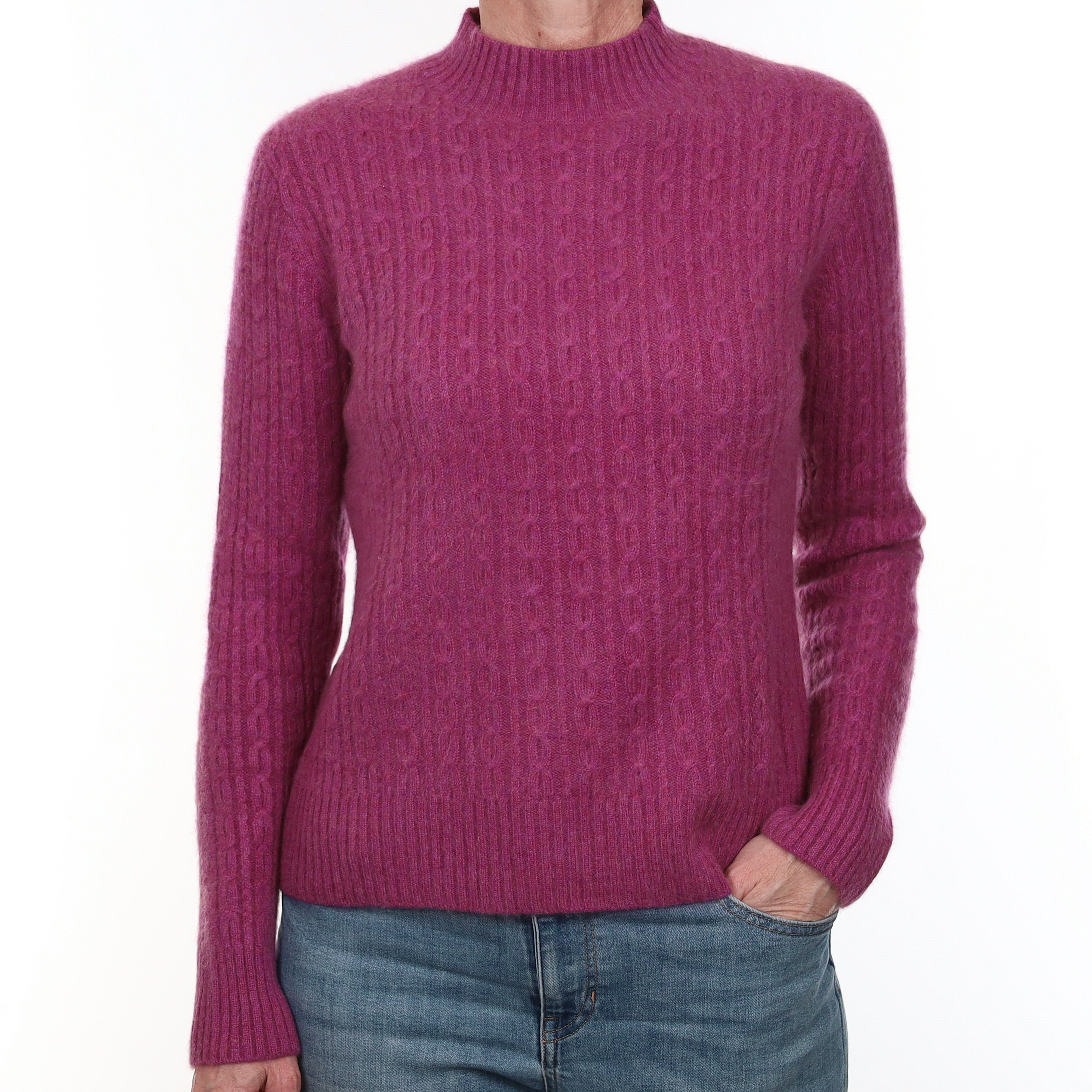 Magenta Pink Chunky Cable Cashmere Turtle Neck Jumper Small