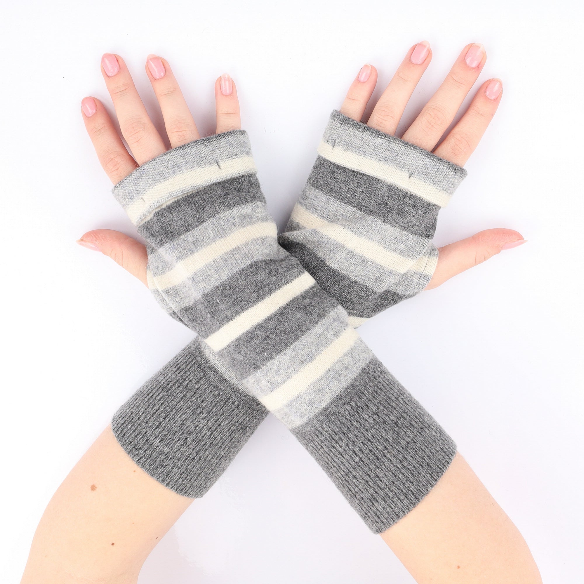 Grey and Ivory Stripe Fingerless Gloves