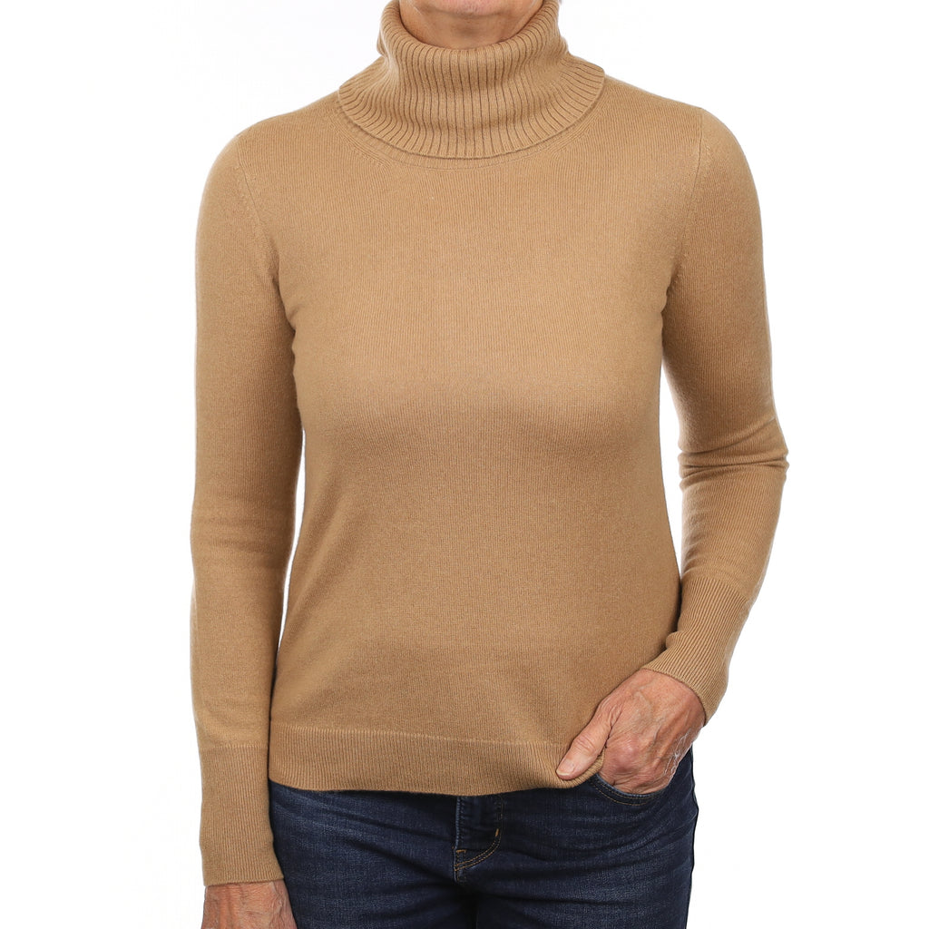 Camel Brown Cashmere Polo Neck Jumper Medium